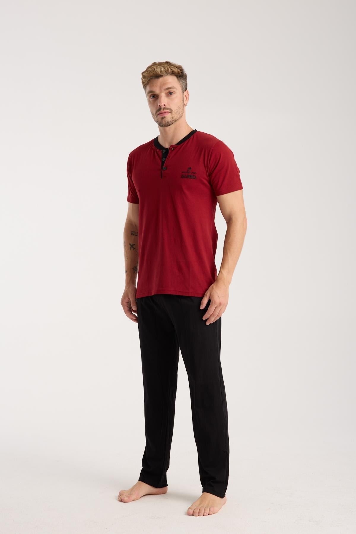 Erkek Bordo Düğmeli Yaka Kısa Kollu Pijama Takımı Akbeniz 6877 - Bordo