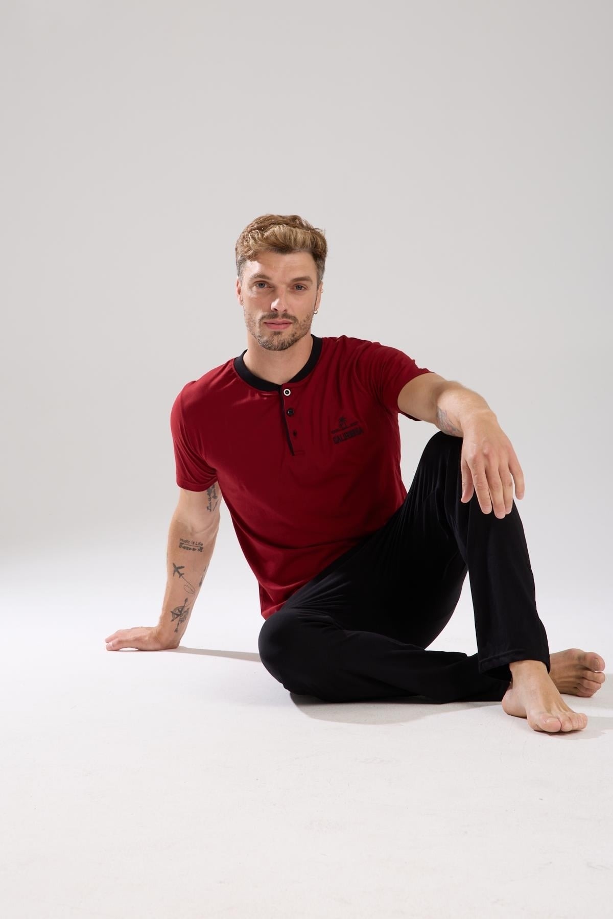 Erkek Bordo Düğmeli Yaka Kısa Kollu Pijama Takımı Akbeniz 6877 - Bordo