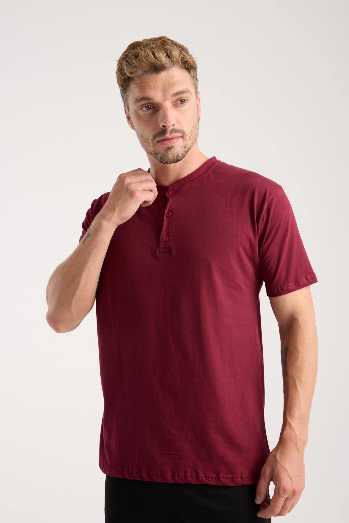 Erkek Bordo Düğmeli Yaka Kısa Kollu Pijama Takımı Akbeniz 6878 - Bordo