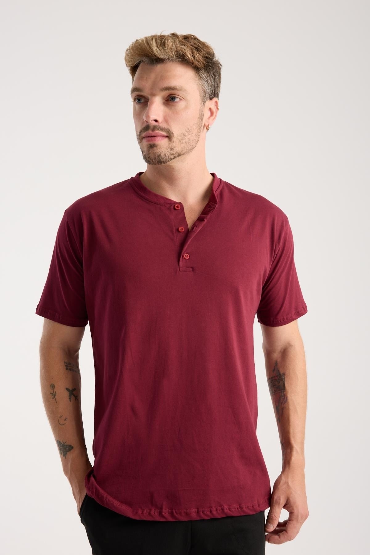 Erkek Bordo Düğmeli Yaka Kısa Kollu Pijama Takımı Akbeniz 6878 - Bordo
