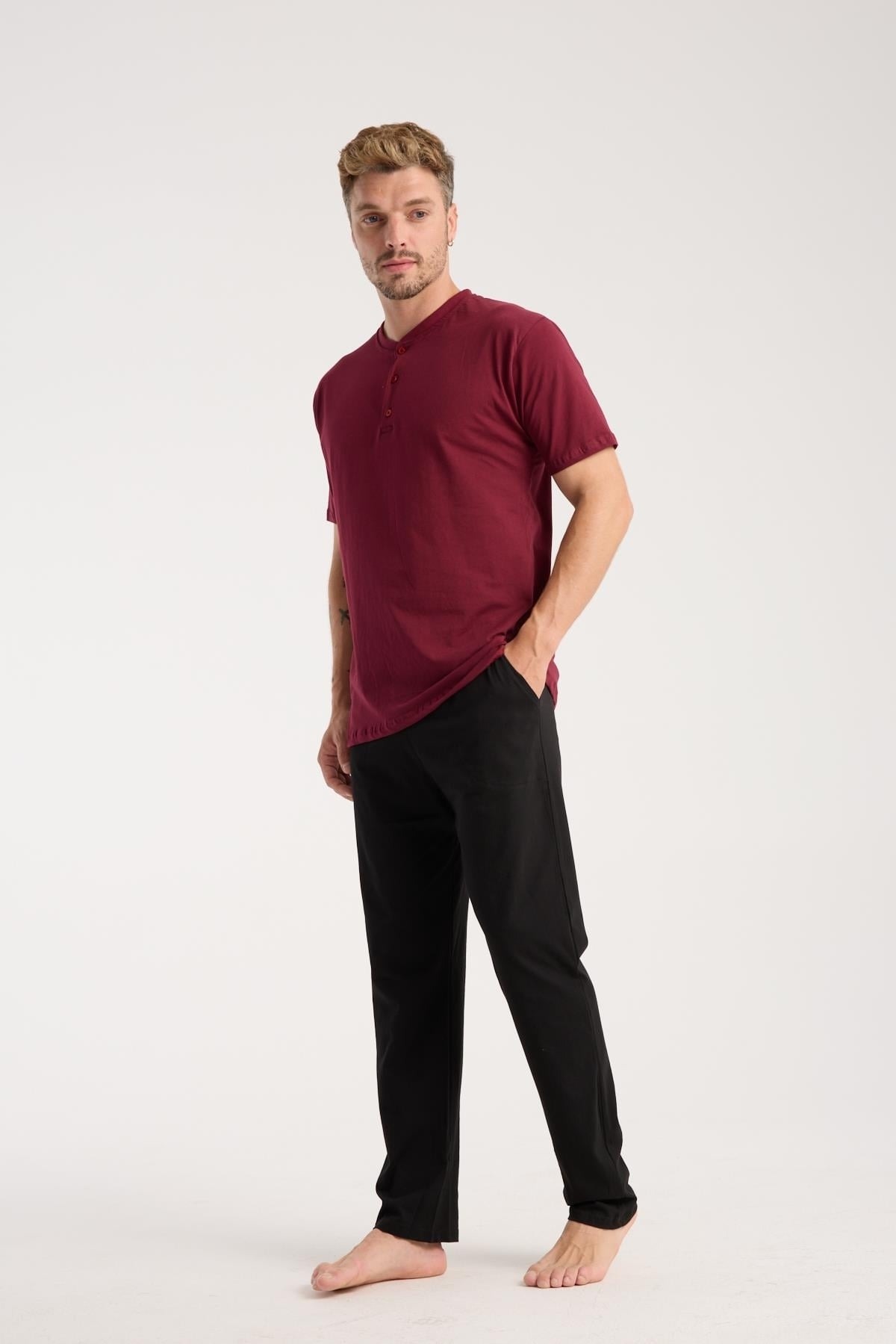 Erkek Bordo Düğmeli Yaka Kısa Kollu Pijama Takımı Akbeniz 6878 - Bordo