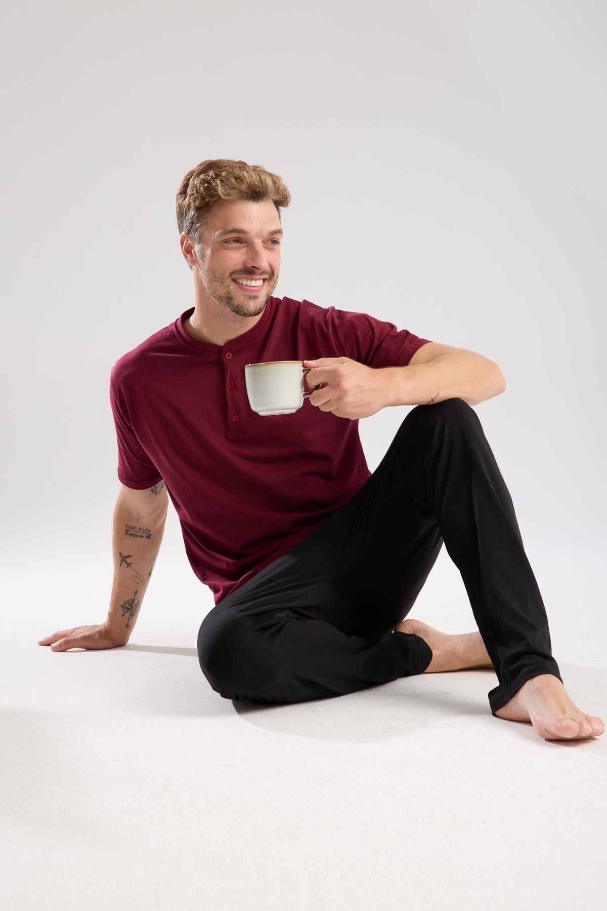 Erkek Bordo Düğmeli Yaka Kısa Kollu Pijama Takımı Akbeniz 6878 - Bordo