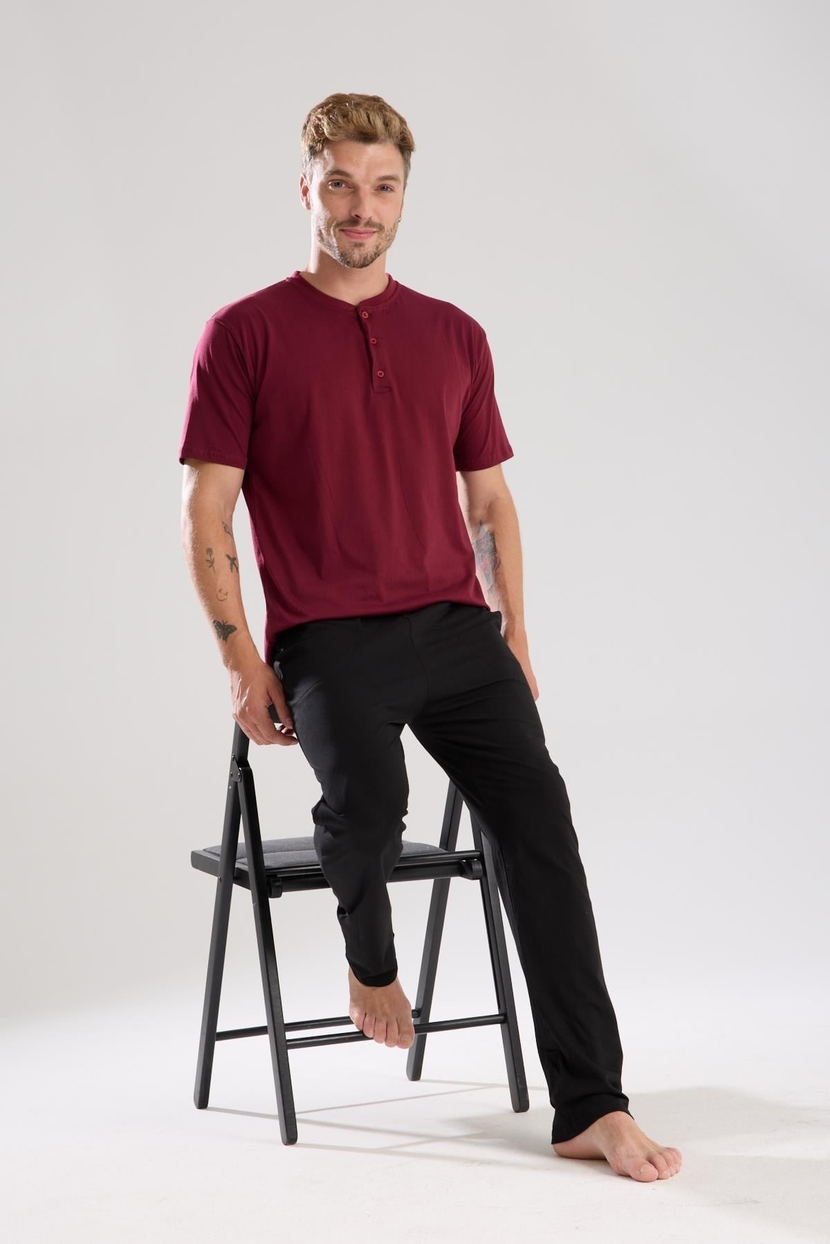 Erkek Bordo Düğmeli Yaka Kısa Kollu Pijama Takımı Akbeniz 6878 - Bordo