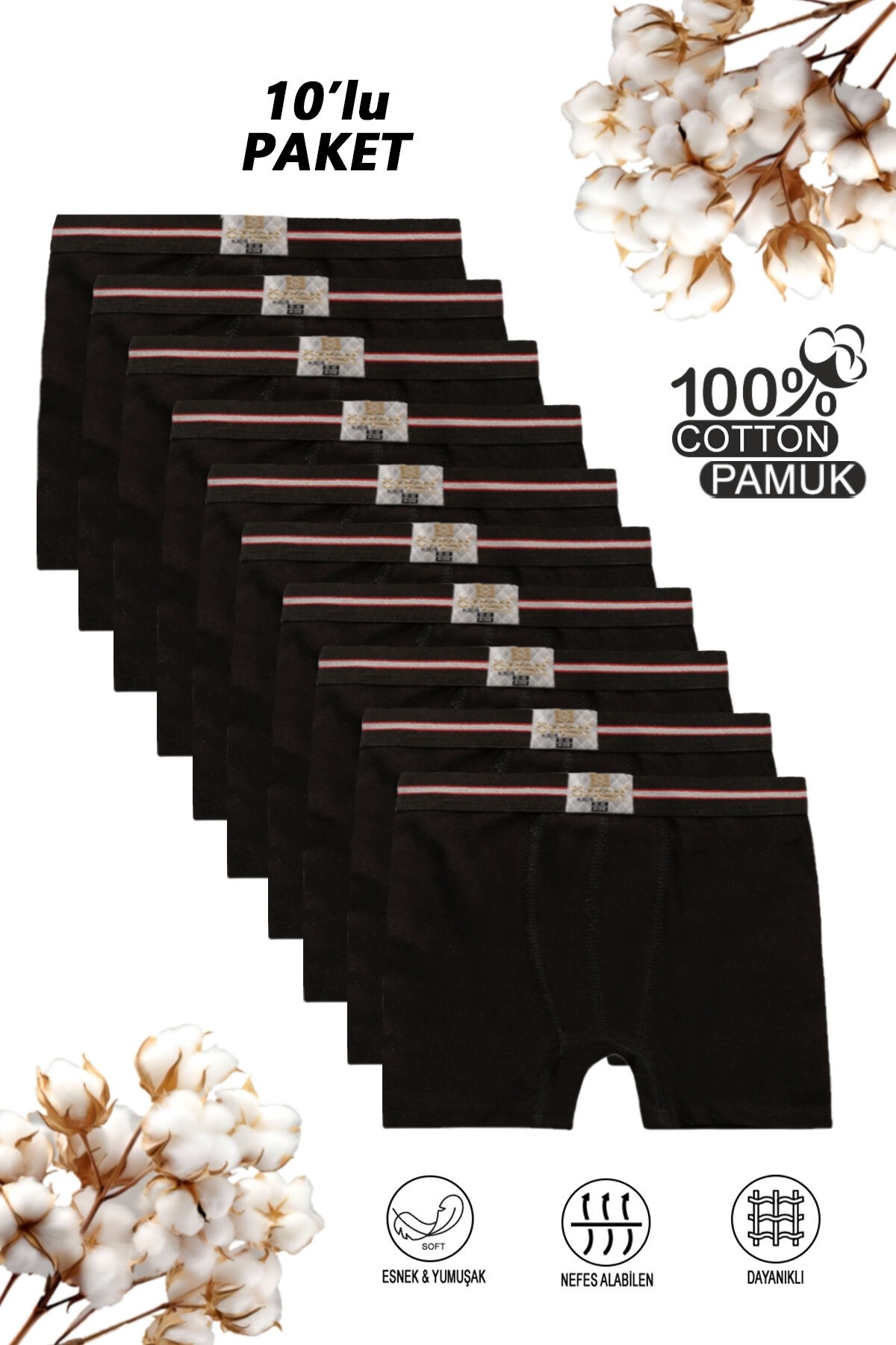 Erkek Çocuk %100 Pamuklu Esnek Yumuşak Boxer Şort 10'lu Paket Özkan 0711 - Siyah