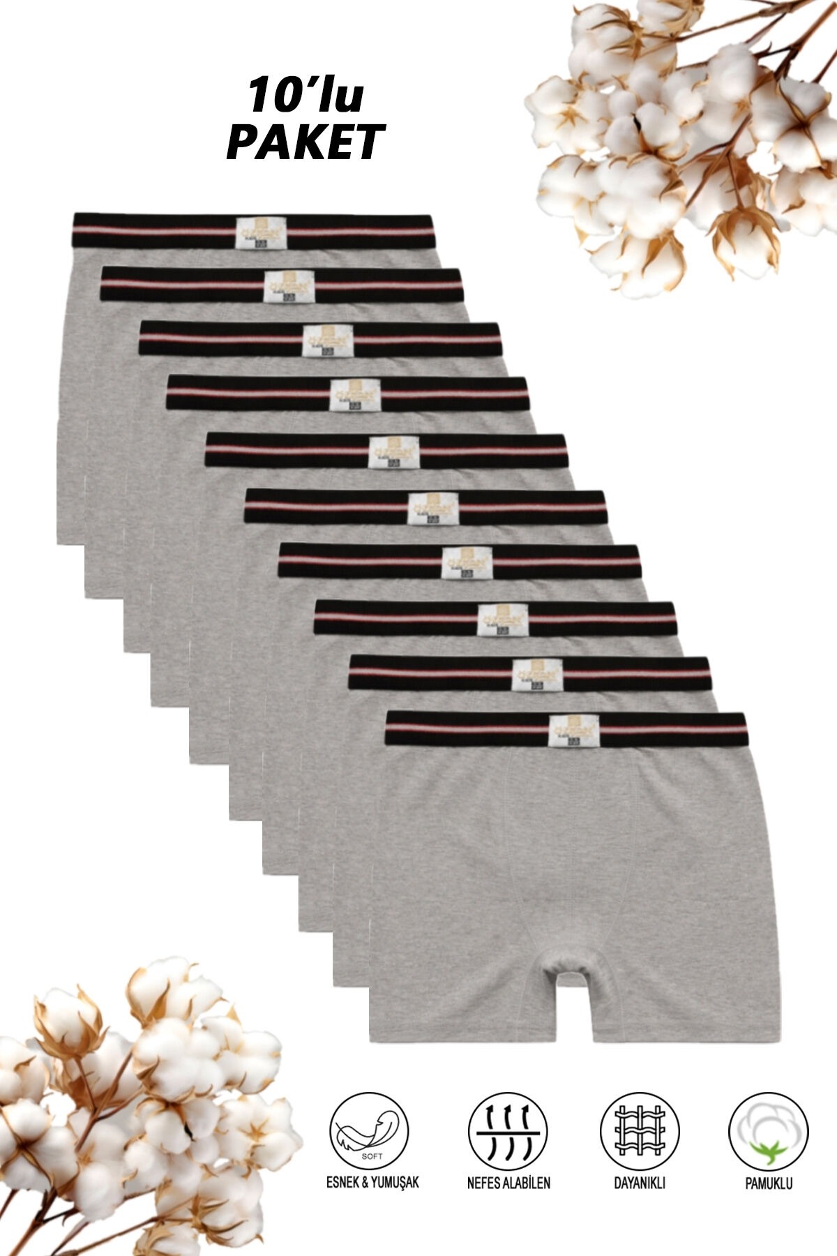 Erkek Çocuk %100 Pamuklu Esnek Yumuşak Boxer Şort 10'lu Paket Özkan 0711 - Gri Melanj