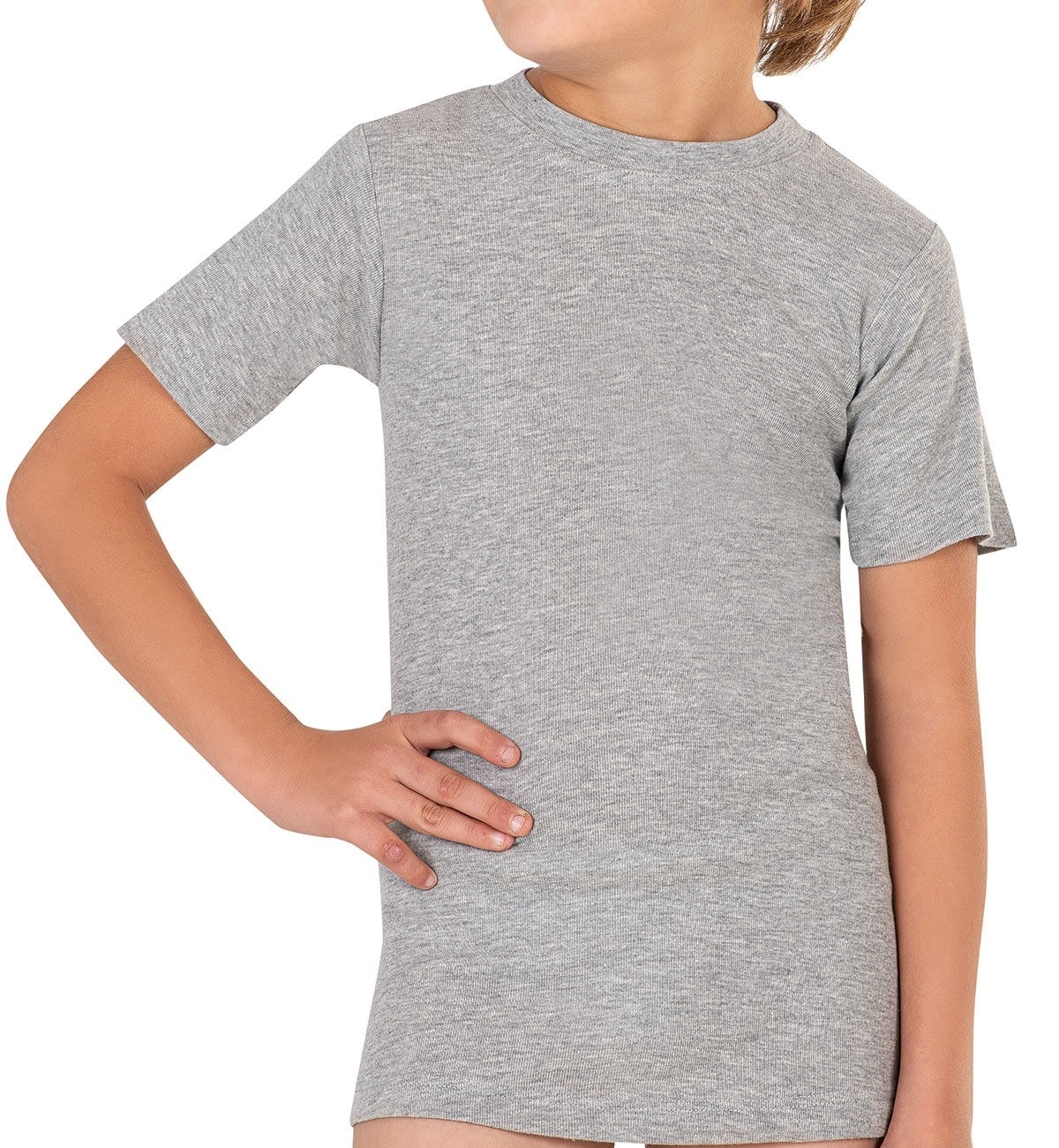 Erkek Çocuk %100 Pamuklu Ribana Fanila 10'lu Paket Yarım Kol Kapalı Yaka T-shirt Özkan 0706-P010 - Gri Melanj