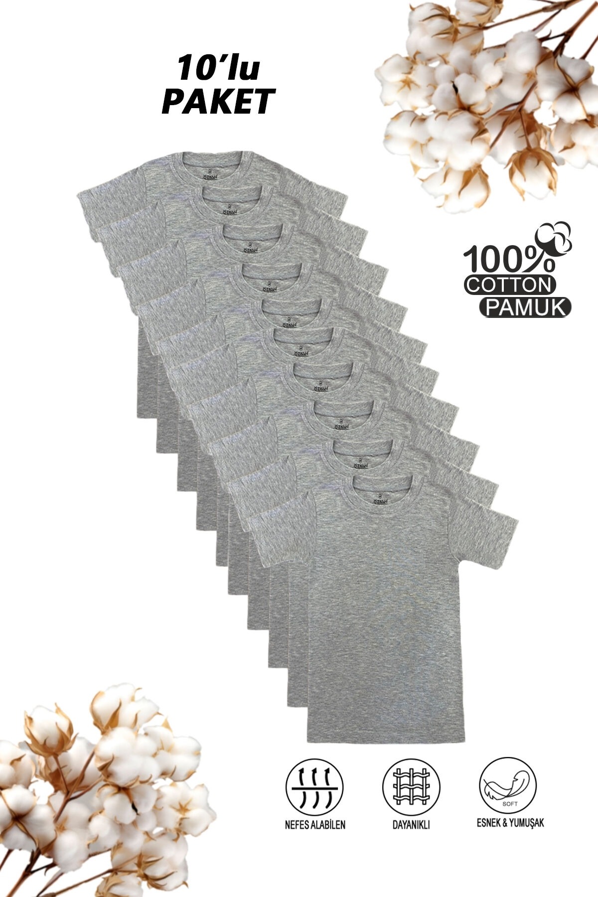 Erkek Çocuk %100 Pamuklu Ribana Fanila 10'lu Paket Yarım Kol Kapalı Yaka T-shirt Özkan 0706-P010 - Gri Melanj
