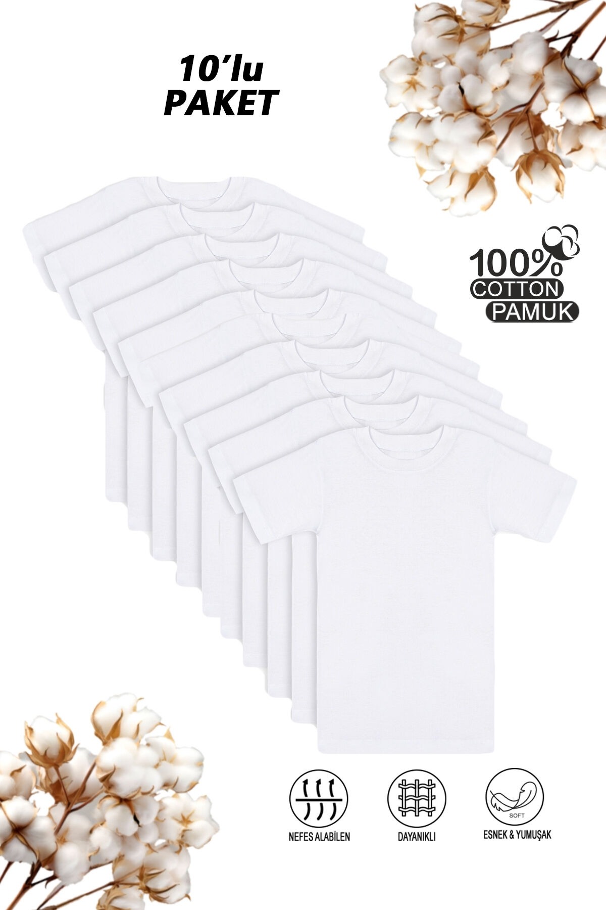Erkek Çocuk %100 Pamuklu Ribana Fanila 10'lu Paket Yarım Kol Kapalı Yaka T-shirt Özkan 0706-P010 - Beyaz