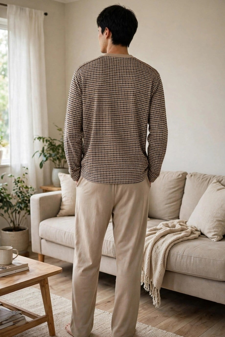 Erkek Kazayağı Desen Patlı Bej Pijama Takımı Çift Kaplan 8209 - Bej