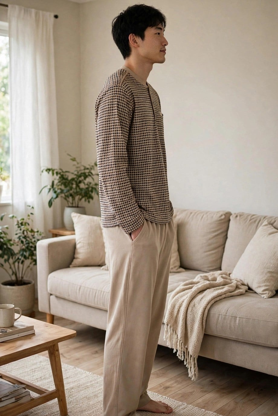 Erkek Kazayağı Desen Patlı Bej Pijama Takımı Çift Kaplan 8209 - Bej