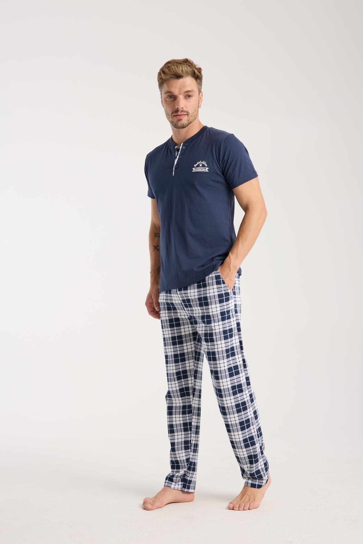 Akbeniz Erkek Lacivert Düğmeli Yaka Kısa Kollu Pijama Takımı Akbeniz 6877