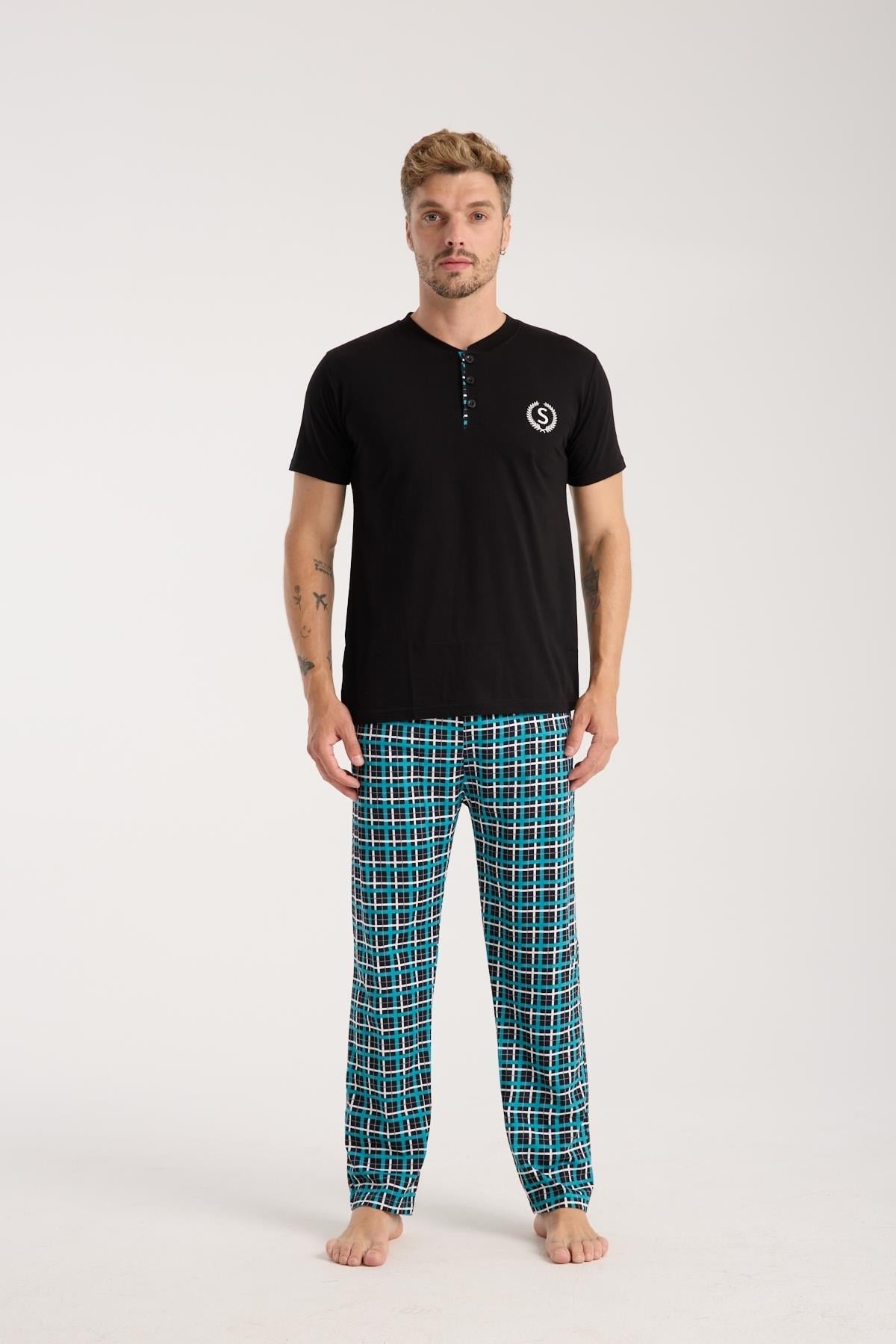 Akbeniz Erkek Lacivert Düğmeli Yaka Kısa Kollu Pijama Takımı Akbeniz 6877 - Görsel 11