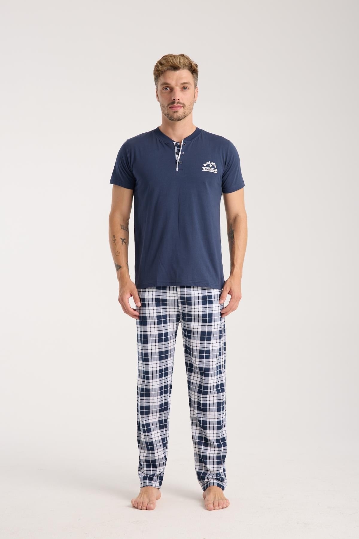 Akbeniz Erkek Lacivert Düğmeli Yaka Kısa Kollu Pijama Takımı Akbeniz 6877 - Görsel 5