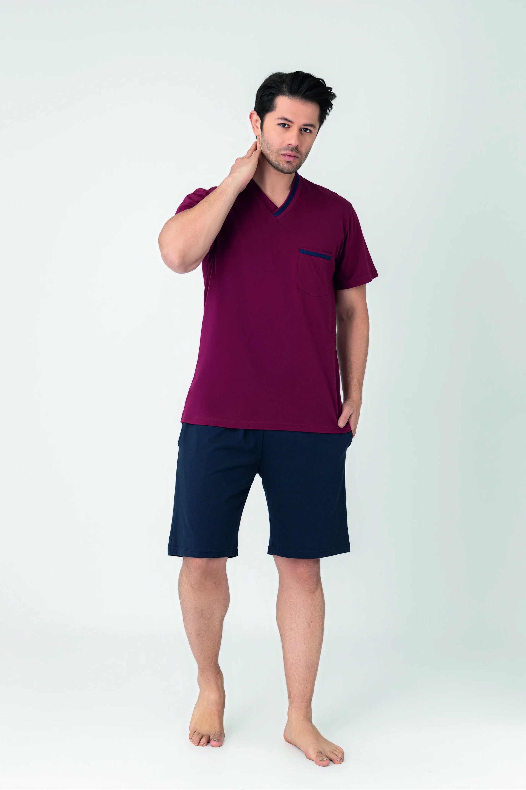 Erkek Modal V Yaka Kısa Kol Şort Confeo C940-106 - Bordo
