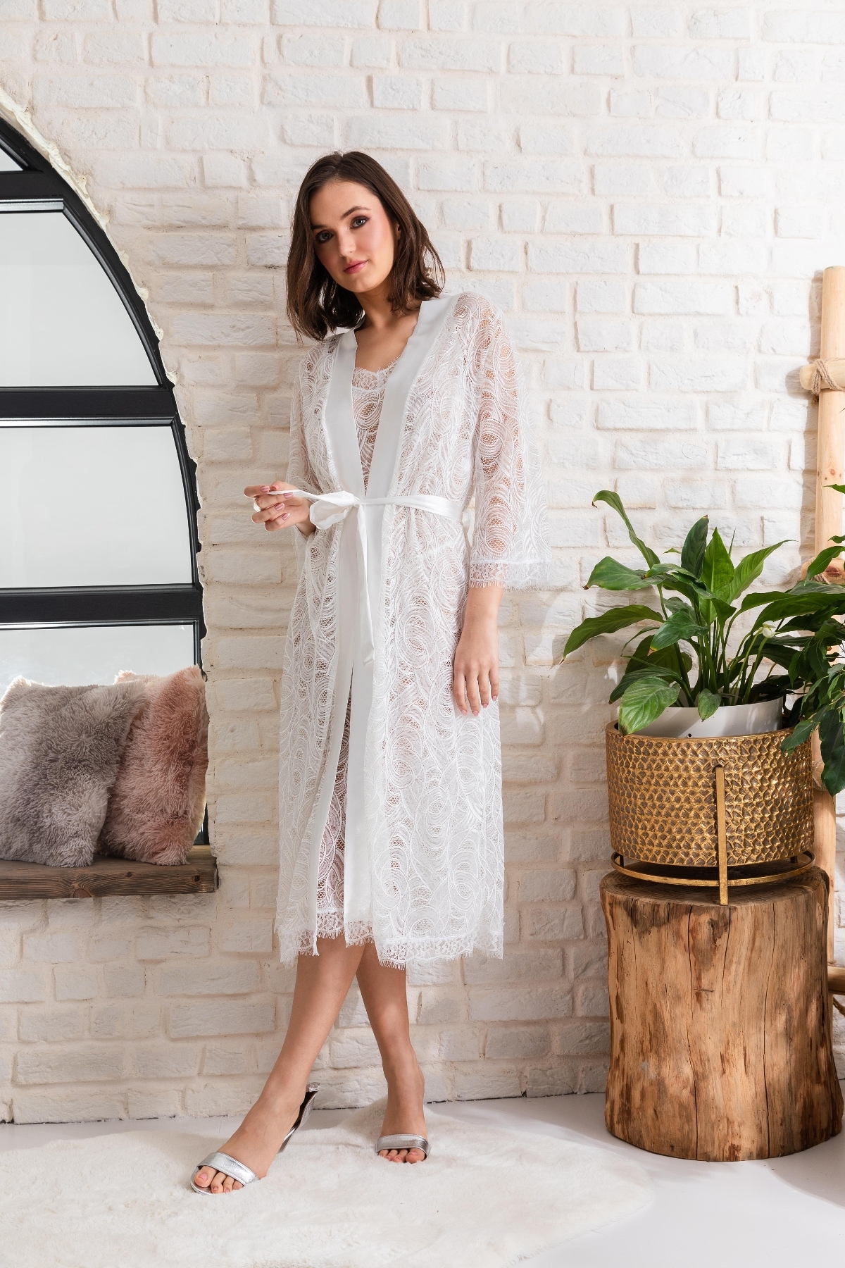 Gelin Set Transparan Midi Boy Kuşakli Sabahlik Ekru Gallipoli 12176 - Ekru