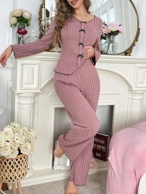 Gül Kurusu Pamuklu Fiyonk Detaylı Uzun Kollu Pijama Takımı Bella Notte 77121 - Pembe
