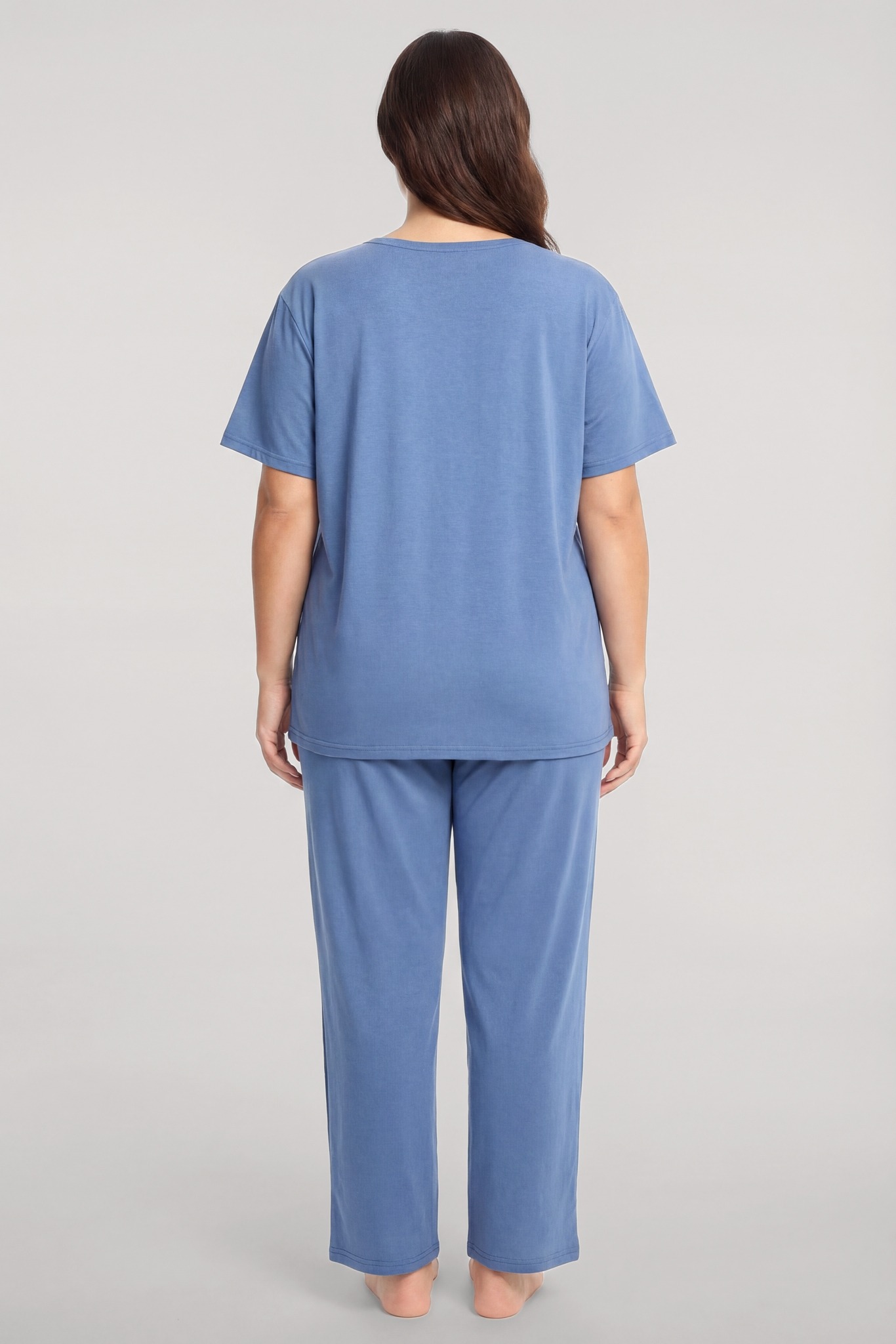 Kadın Büyük Beden Mavi Düğmeli Kısa Kollu Pijama Takımı Akbeniz 202620 - Mavi