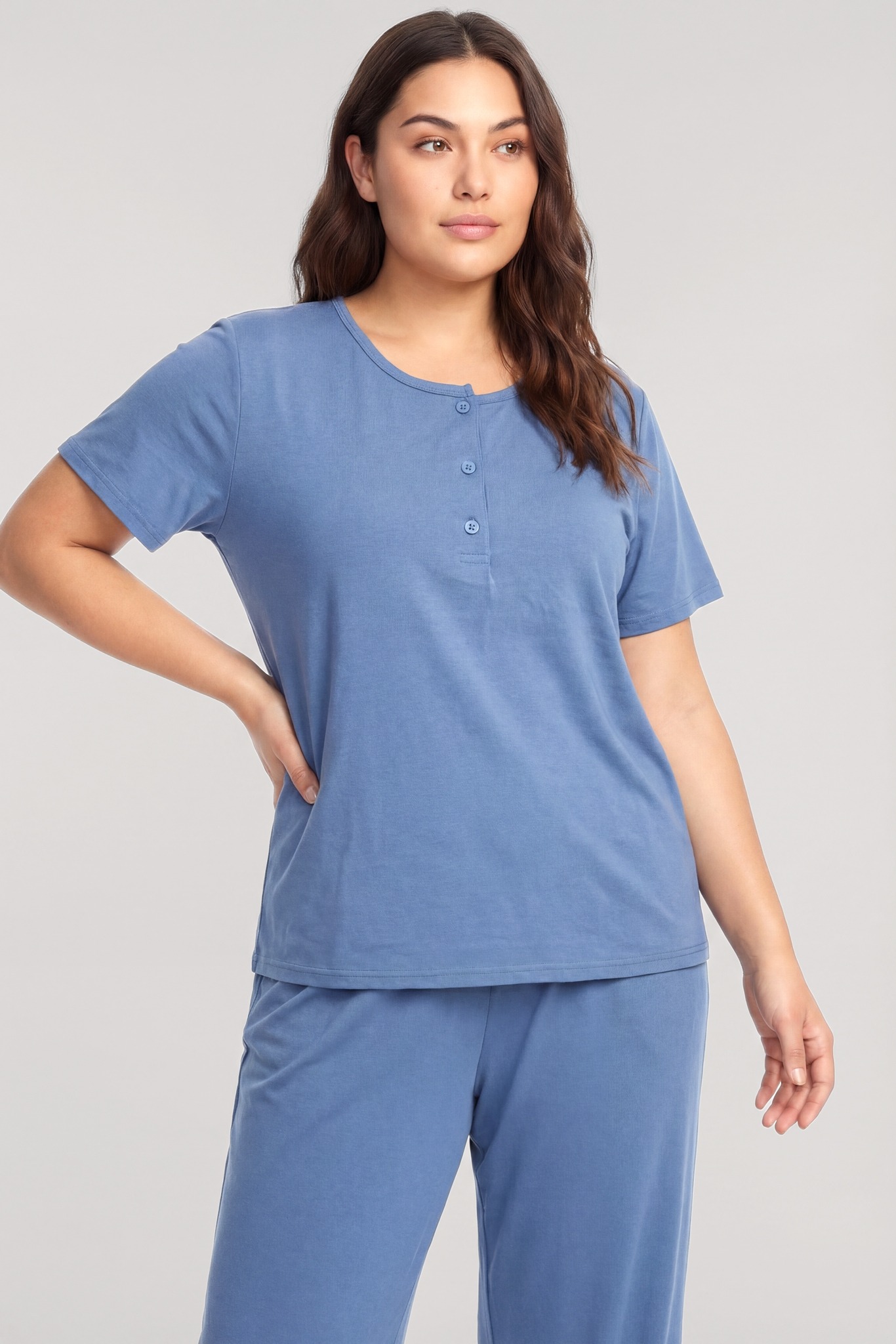 Kadın Büyük Beden Mavi Düğmeli Kısa Kollu Pijama Takımı Akbeniz 202620 - Mavi
