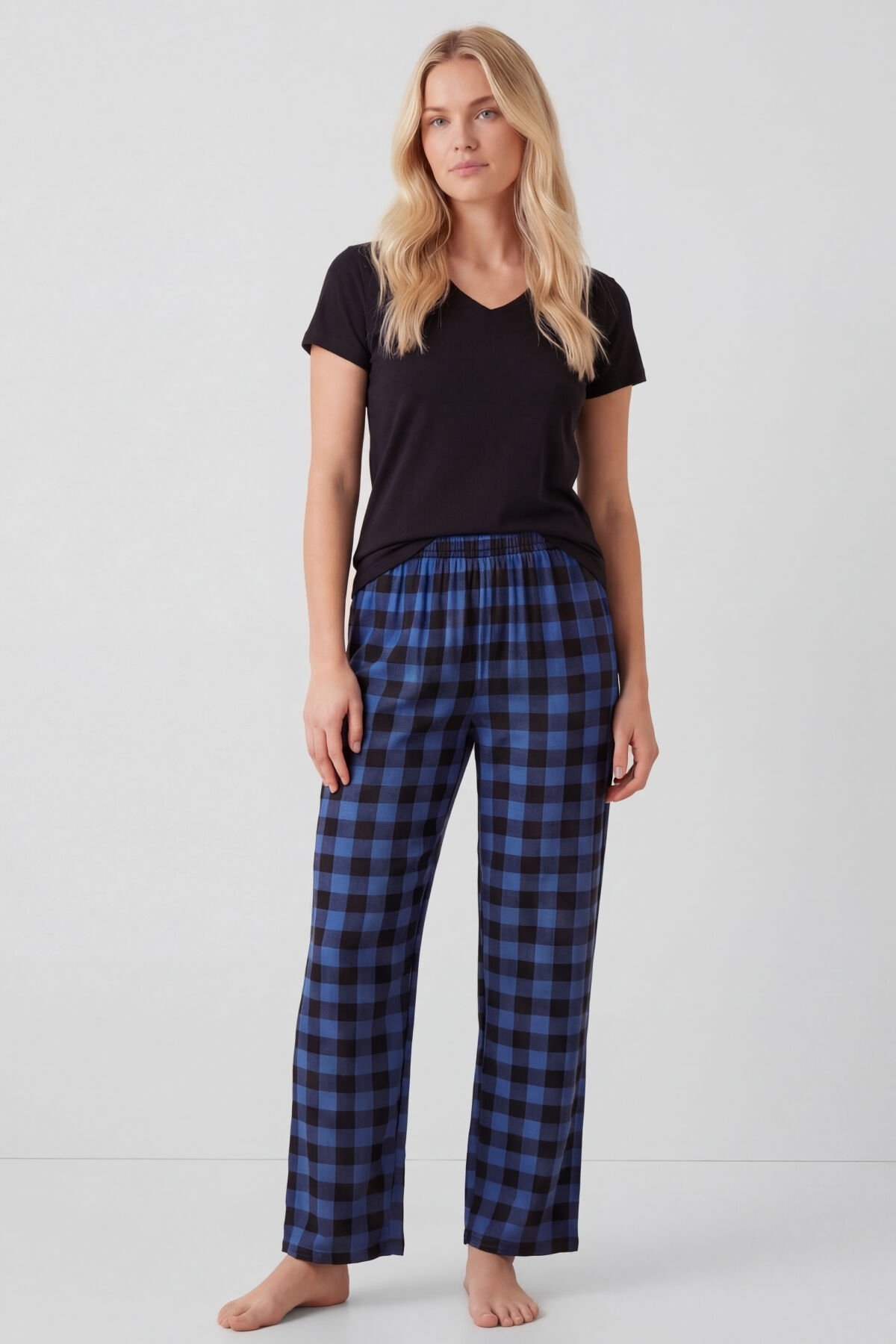 Pamuklu Ekoseli Mavi Kadın Pijama Takımı Türen 3618 - Mavi