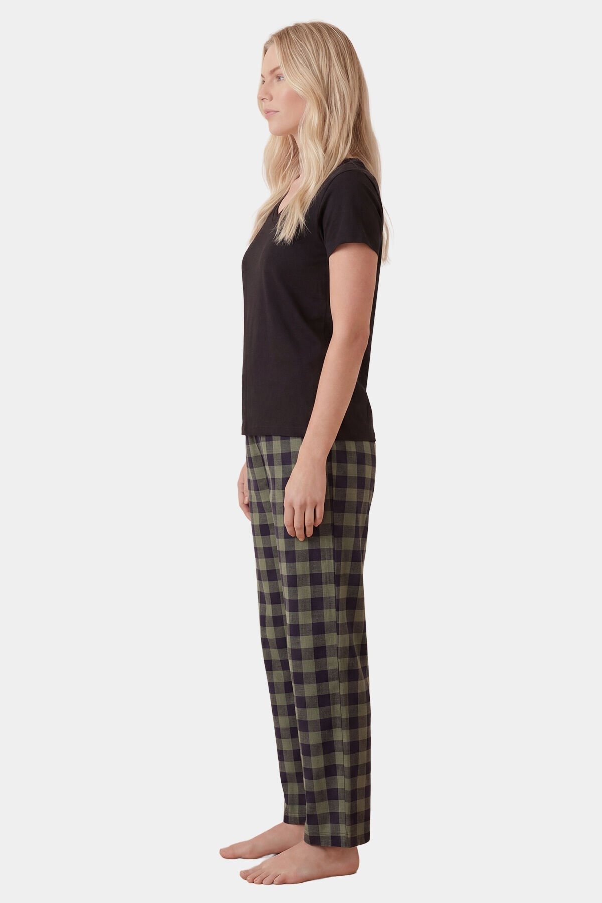 Pamuklu Ekoseli Yeşil Kadın Pijama Takımı Türen 3618 - Yeşil