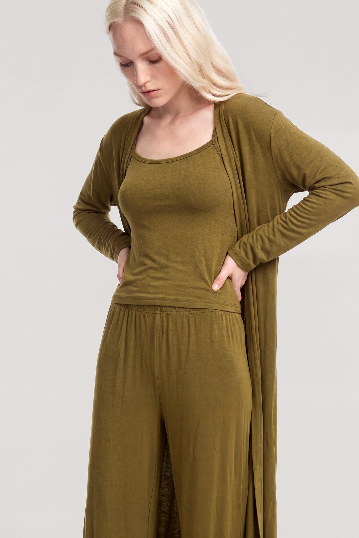 Akbeniz Kadın Gri Melanj Uzun Kimono Sabahlıklı 3'lü Pijama Takımı Akbeniz Y1400