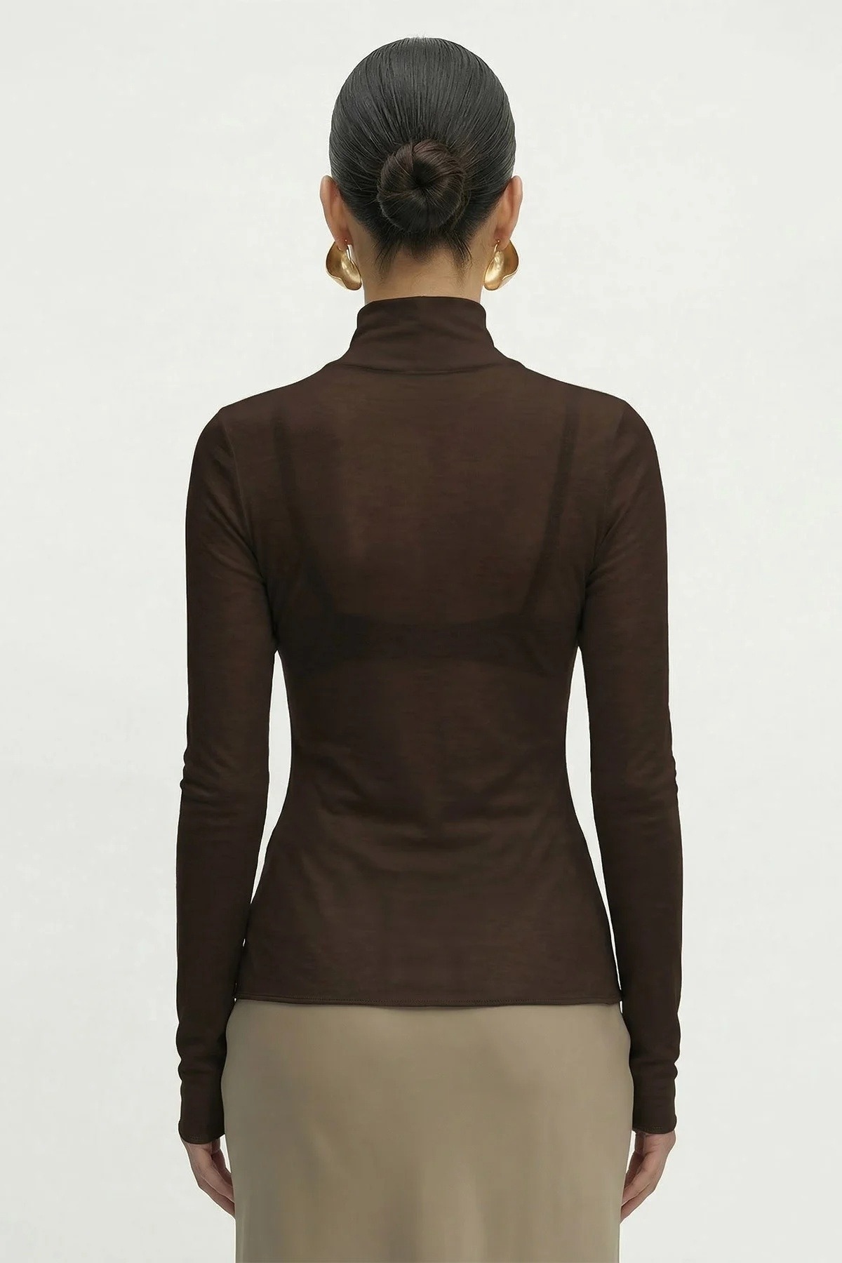 Kadın Kaşmir Ultra Yumuşak Dik Yaka Bluz Mısırlı 11227 - Koyu Kahverengi