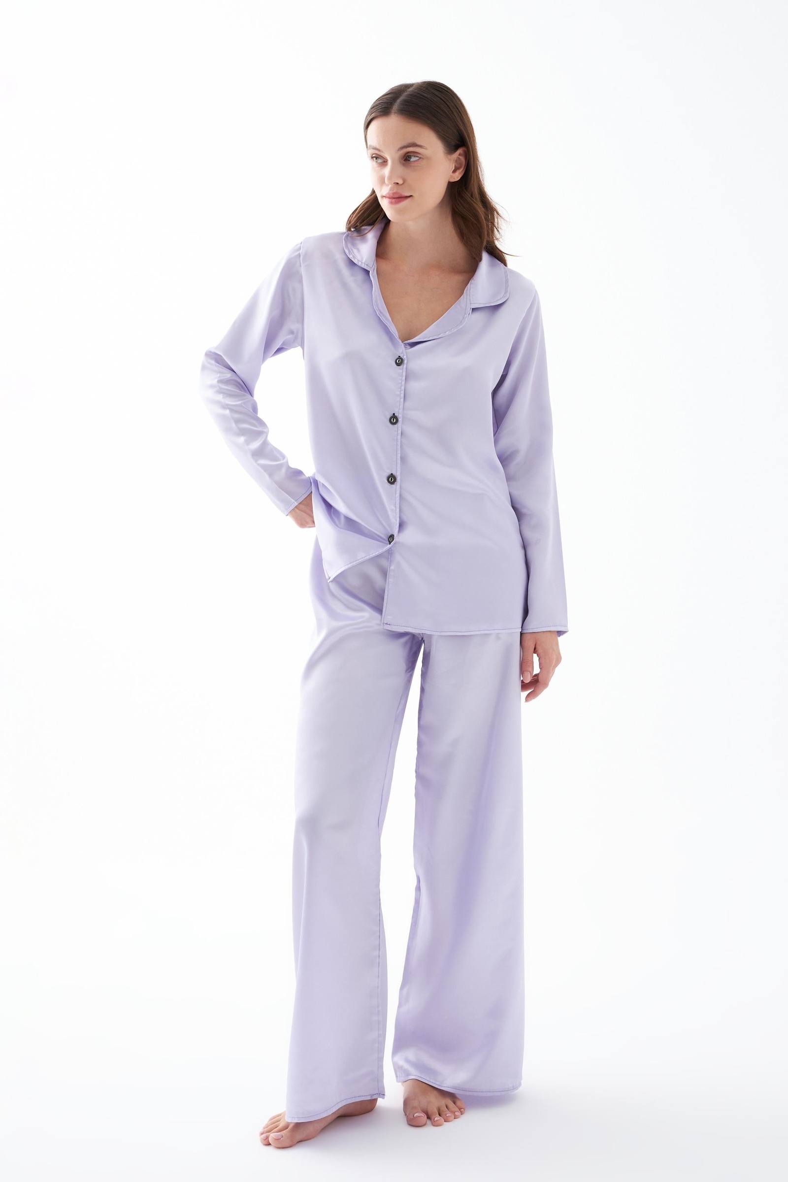 Kadın Lila Oversize Saten Pijama Takımı Akbeniz 27960 - Lila