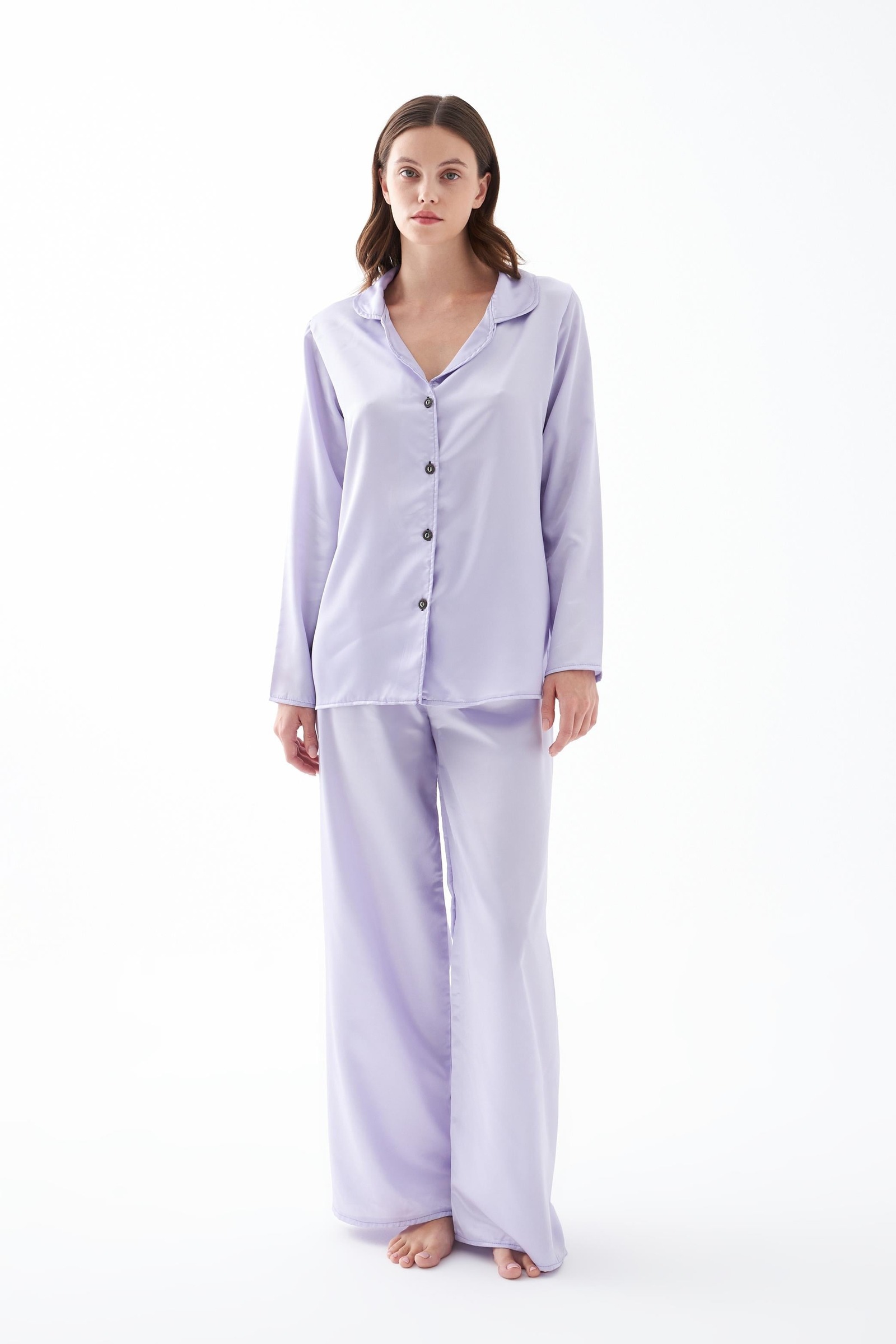 Kadın Lila Oversize Saten Pijama Takımı Akbeniz 27960 - Lila
