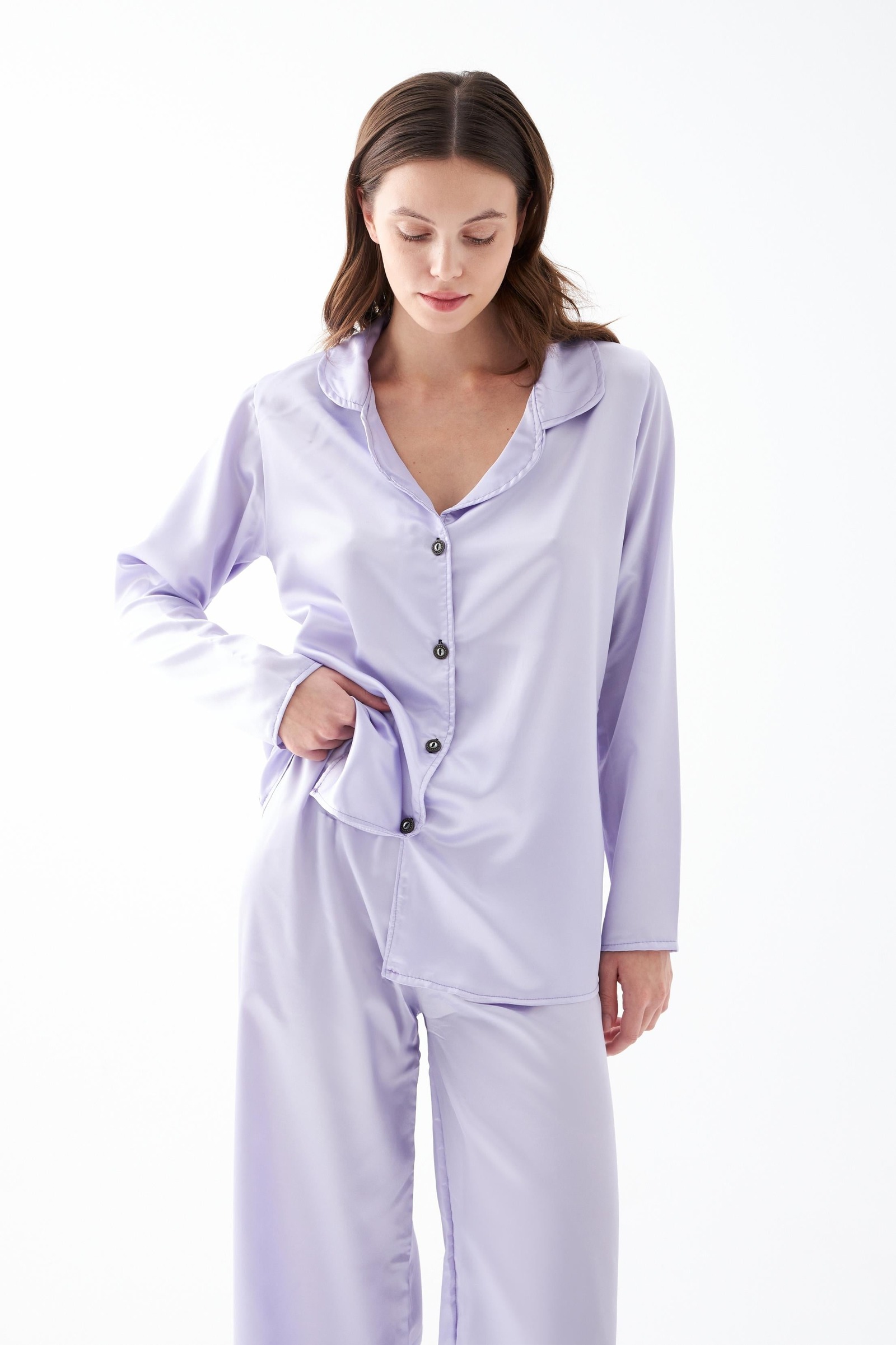 Kadın Lila Oversize Saten Pijama Takımı Akbeniz 27960 - Lila
