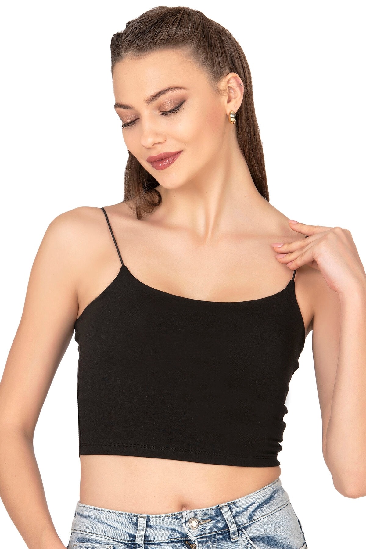 Kadın Modal Pamuklu Likralı Esnek Rahat Vücuda Oturan Spagetti Askılı Örme Crop Atlet Özkan 27370 - Siyah