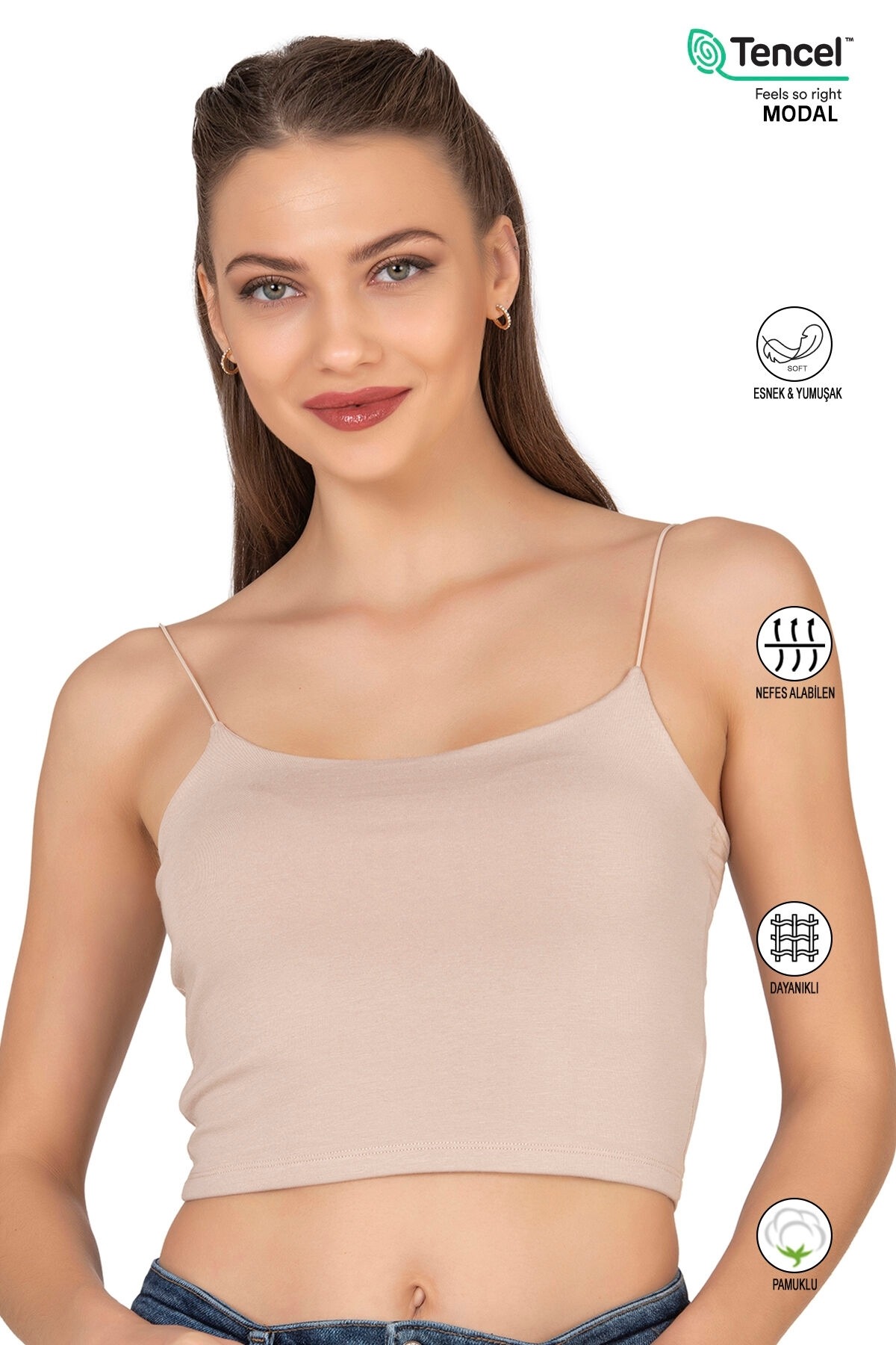 Kadın Modal Pamuklu Likralı Esnek Rahat Vücuda Oturan Spagetti Askılı Örme Crop Atlet Özkan 27370 - Taş