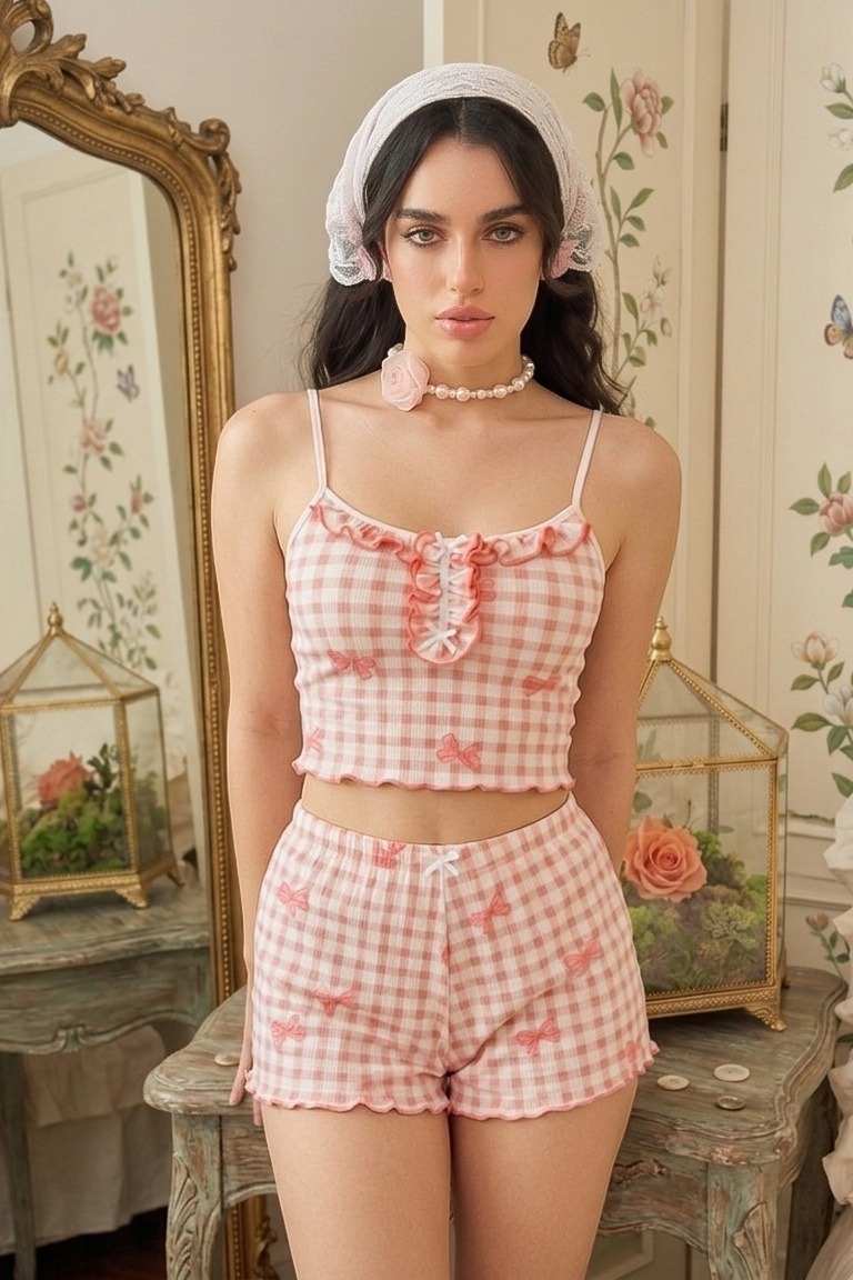Kadın Pembe Ekose Gül Desenli Askılı Crop Atlet ve Fırfırlı Şort Pijama Takımı Bella Notte 7669 - Pembe
