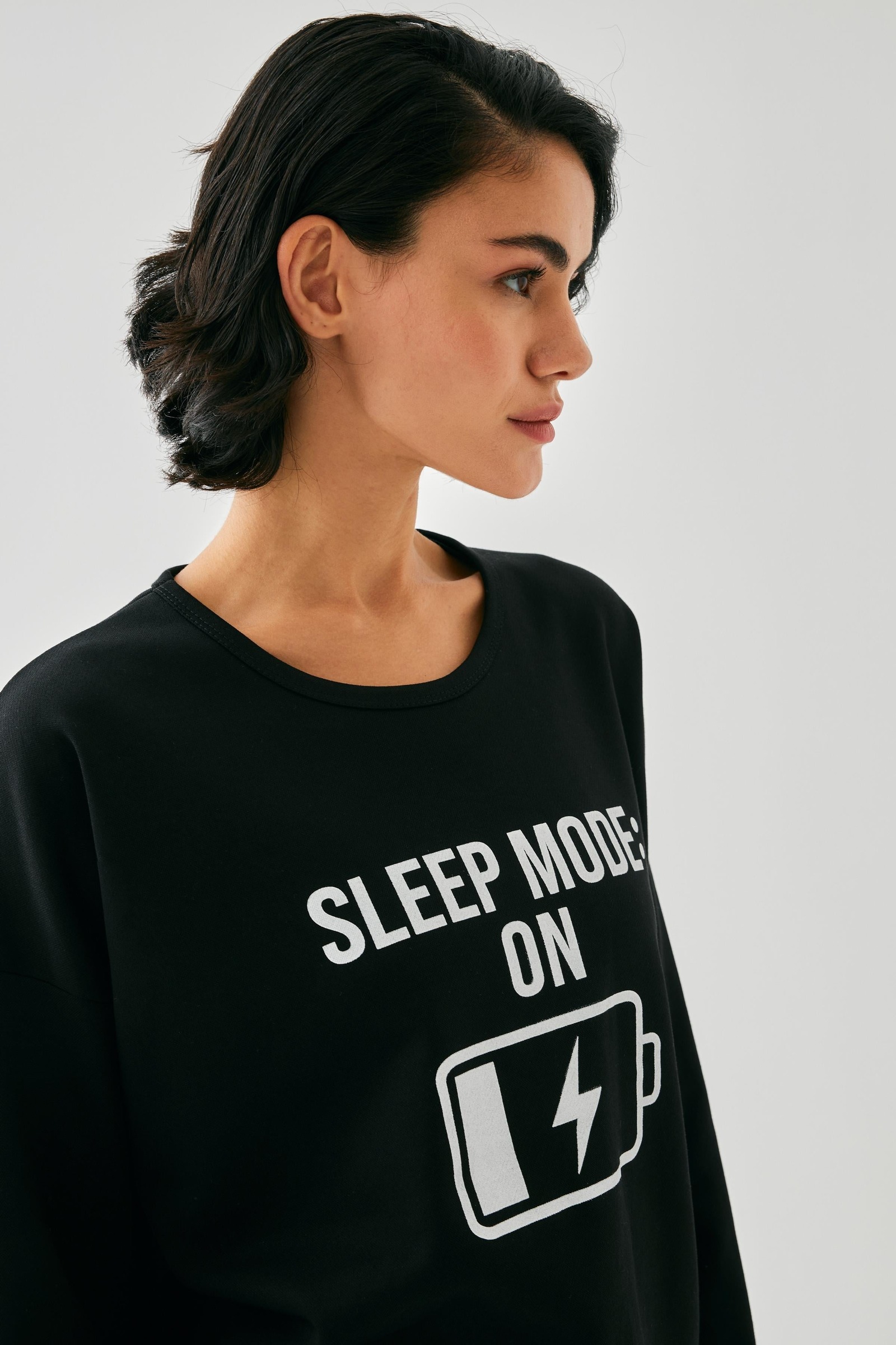 Kadın Siyah Sleep Mode On Baskılı Oversize 2 İplik Eşofman Takımı Akbeniz B3333 - Siyah