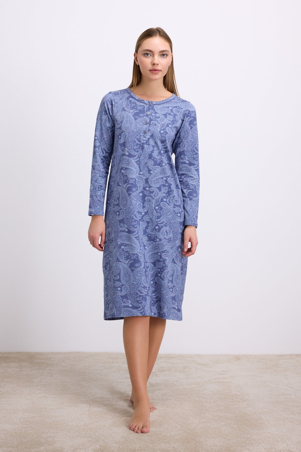 Kadın Uzun Kollu Desenli Gecelik Anıl 11567 - Çivit