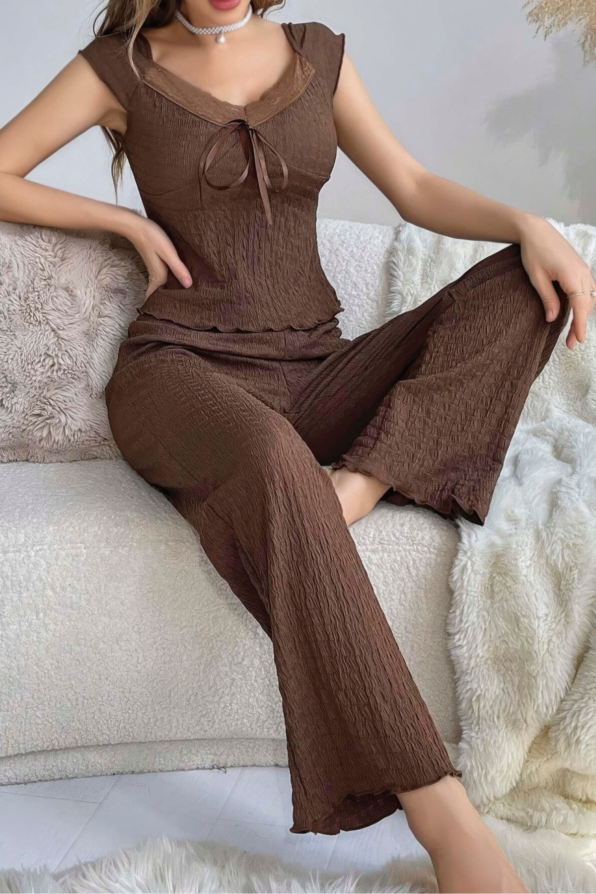 Kahverengi Kurdela Detaylı Yumuşak Pamuklu Uzun Pijama Takımı Ruselin 5135 - Kahverengi
