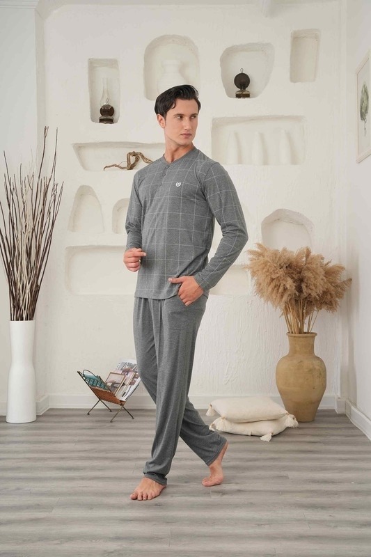 Kareli Süprem Erkek Pijama Takımı Bone Club 5873 - Gri