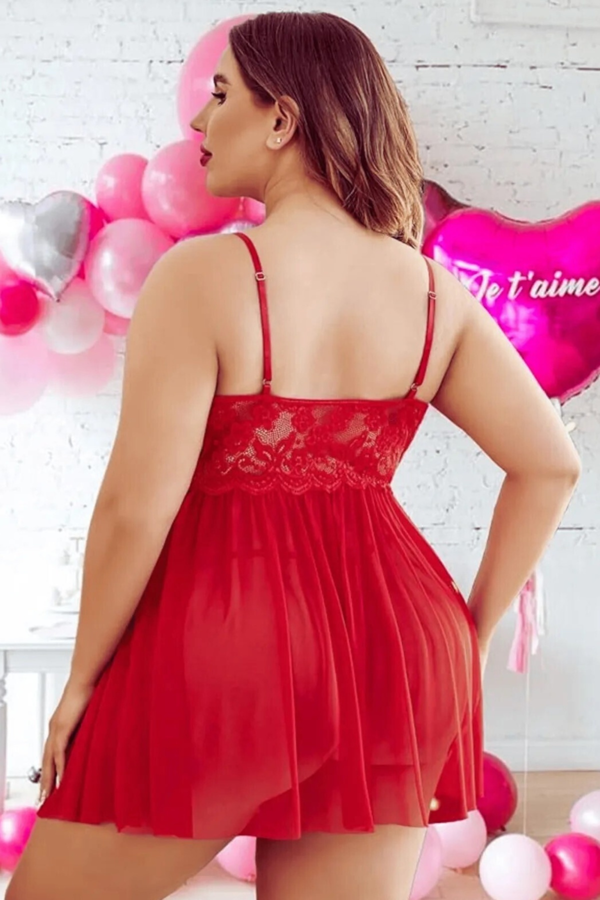 Kırmızı Dantelli Tül Büyük Beden Fantezi Babydoll Gecelik Nathalie 03 - Kırmızı
