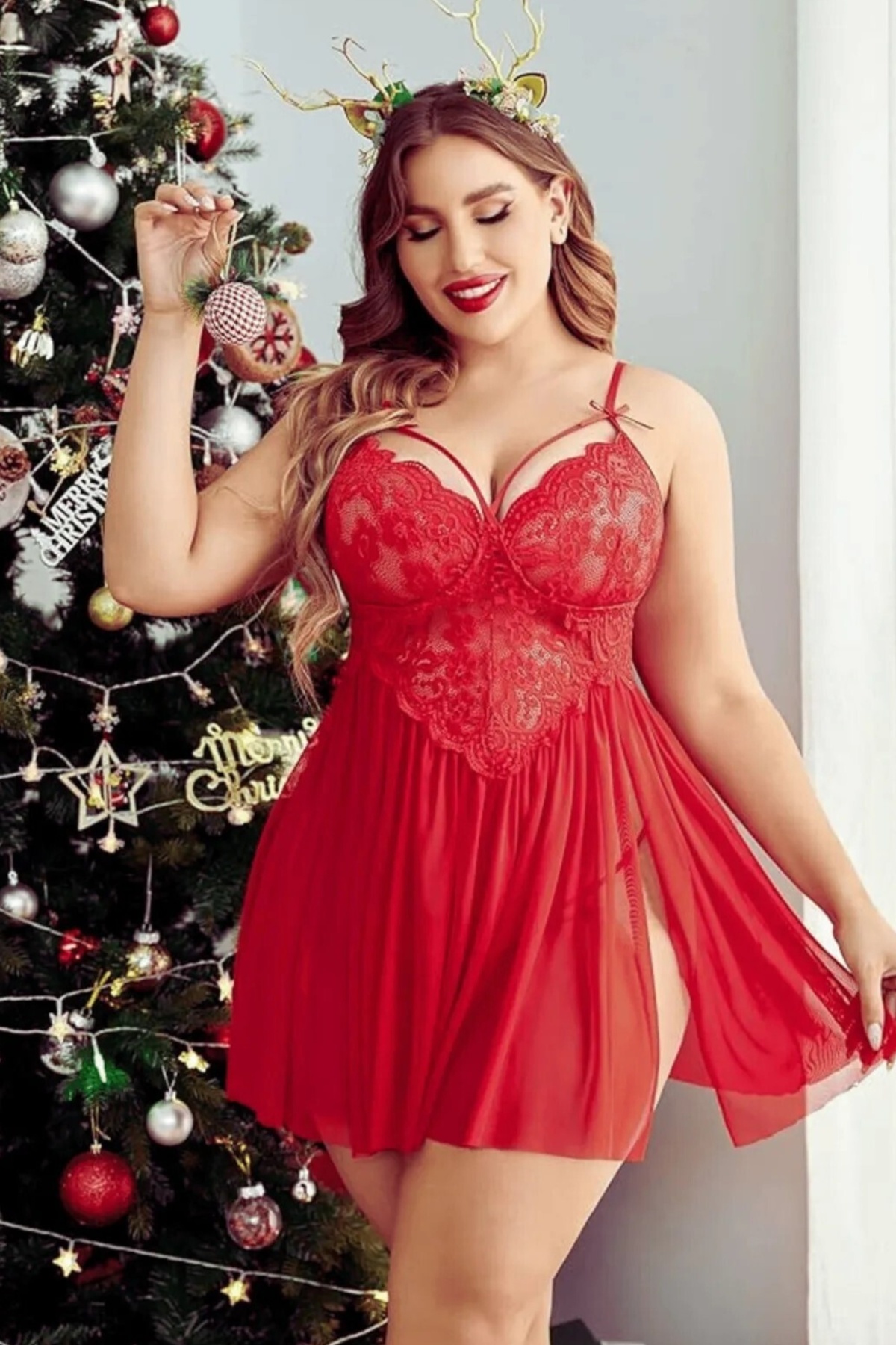 Kırmızı Dantelli Tül Büyük Beden Fantezi Babydoll Gecelik Nathalie 03 - Kırmızı