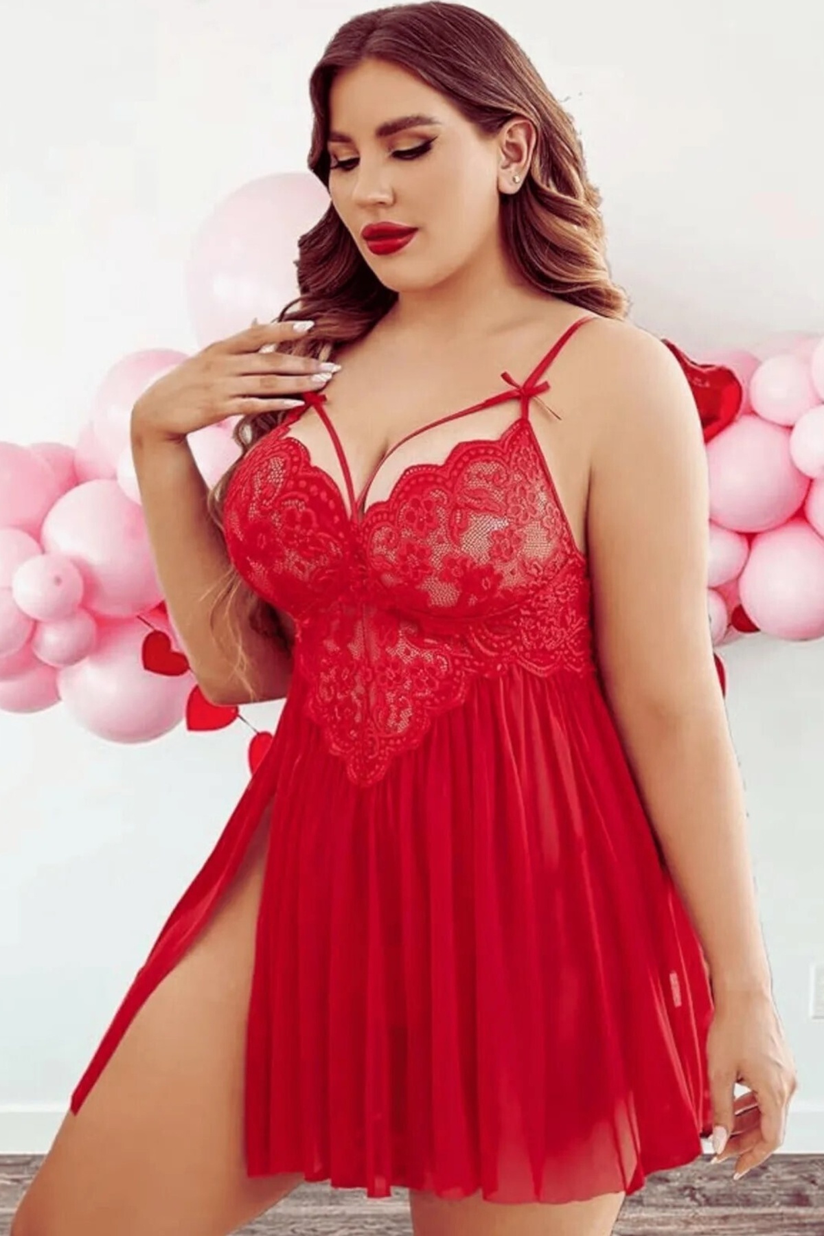 Kırmızı Dantelli Tül Büyük Beden Fantezi Babydoll Gecelik Nathalie 03 - Kırmızı