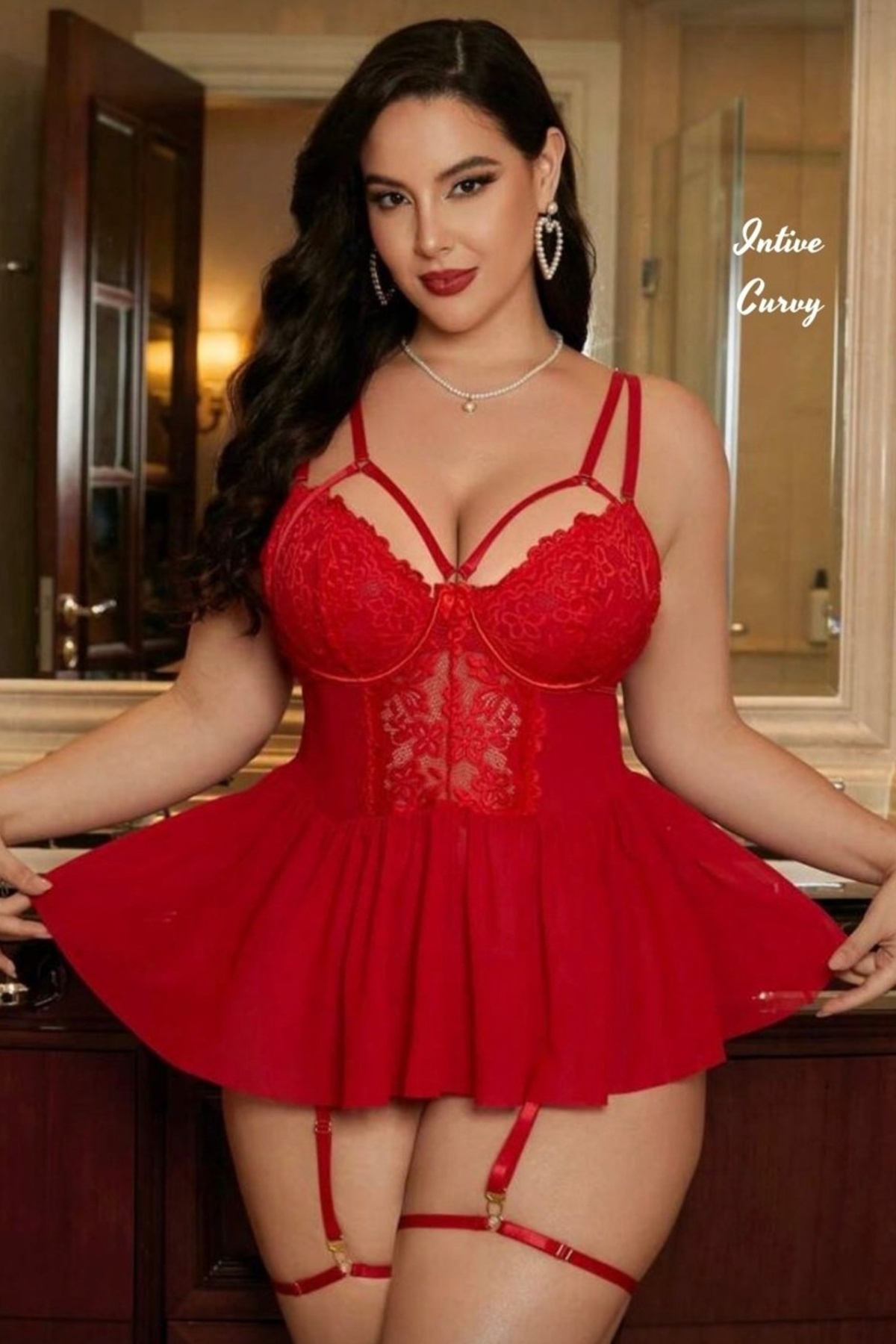 Kırmızı Dantelli Jartiyer Detaylı Mini Gecelik Ruselin 8019 - Kırmızı