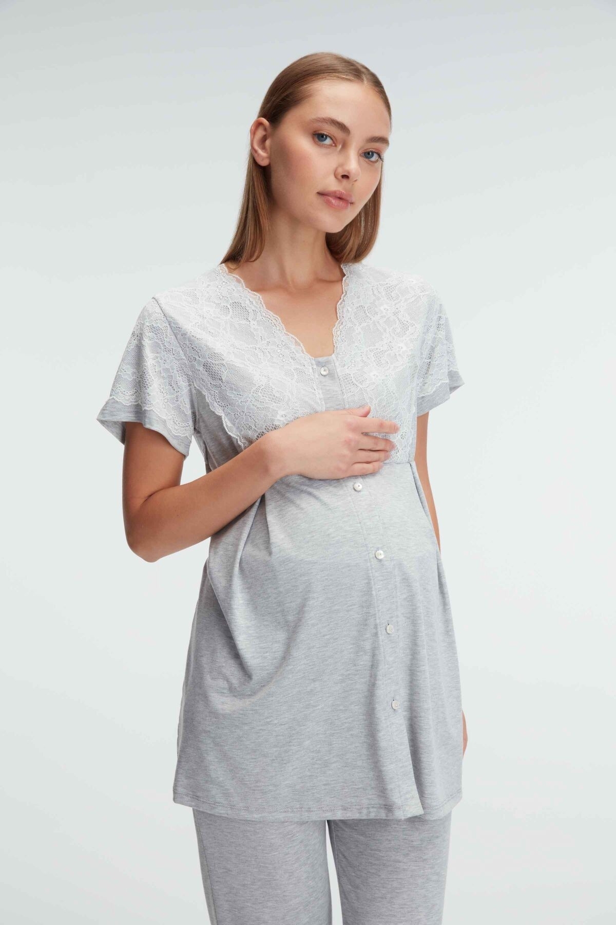 Kısa Kol V Yaka Kadın Polyester Elastan Yazlık Örme Dantel Detaylı Hamile Pijama Takımı Anıl 11308 - Grimelanj