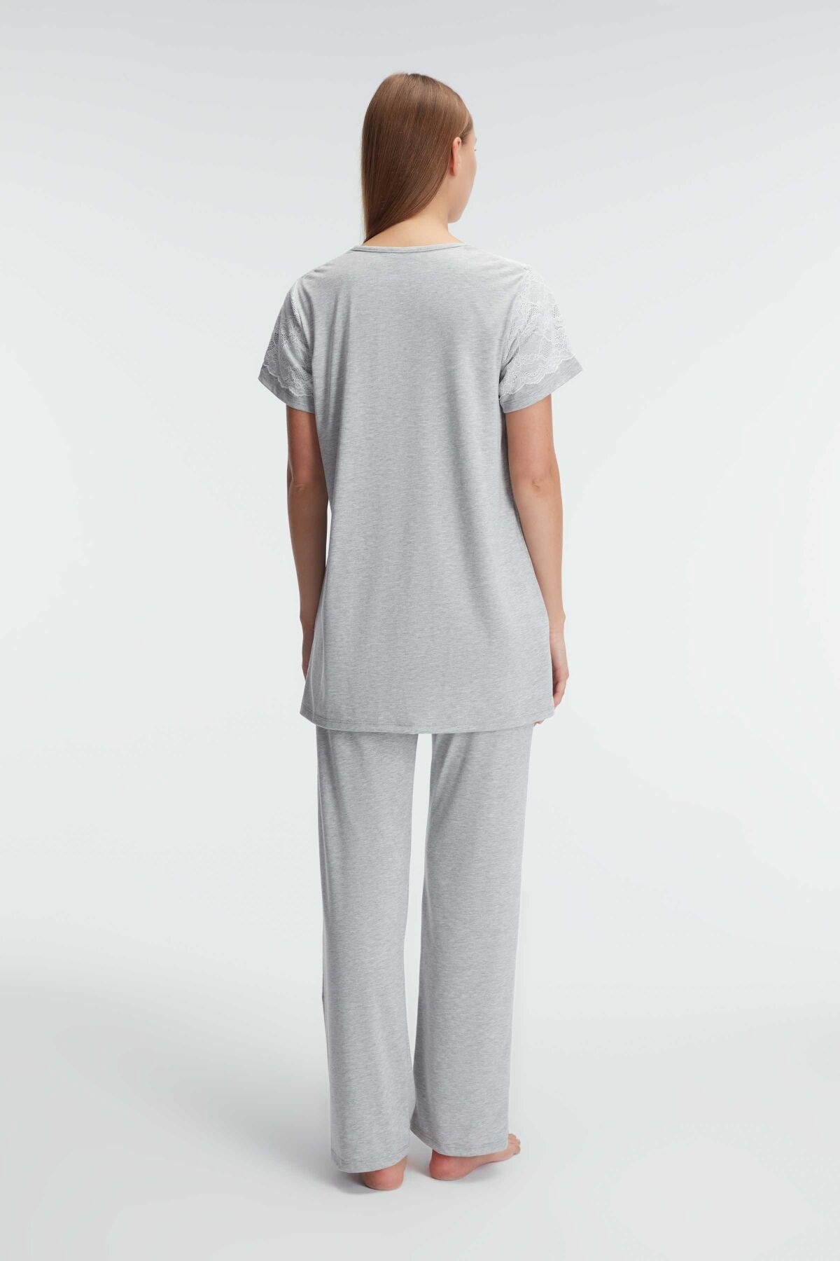 Kısa Kol V Yaka Kadın Polyester Elastan Yazlık Örme Dantel Detaylı Hamile Pijama Takımı Anıl 11308 - Grimelanj
