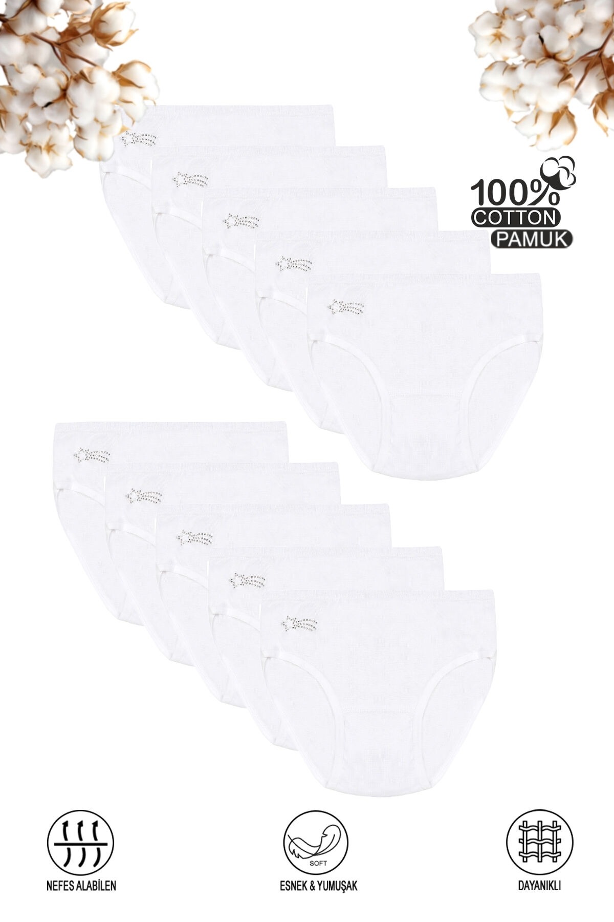 Kız Çocuk %100 Pamuklu Ribana Esnek Rahat Taş Detaylı Slip Külot 10'lu Paket Özkan 0840 - Beyaz