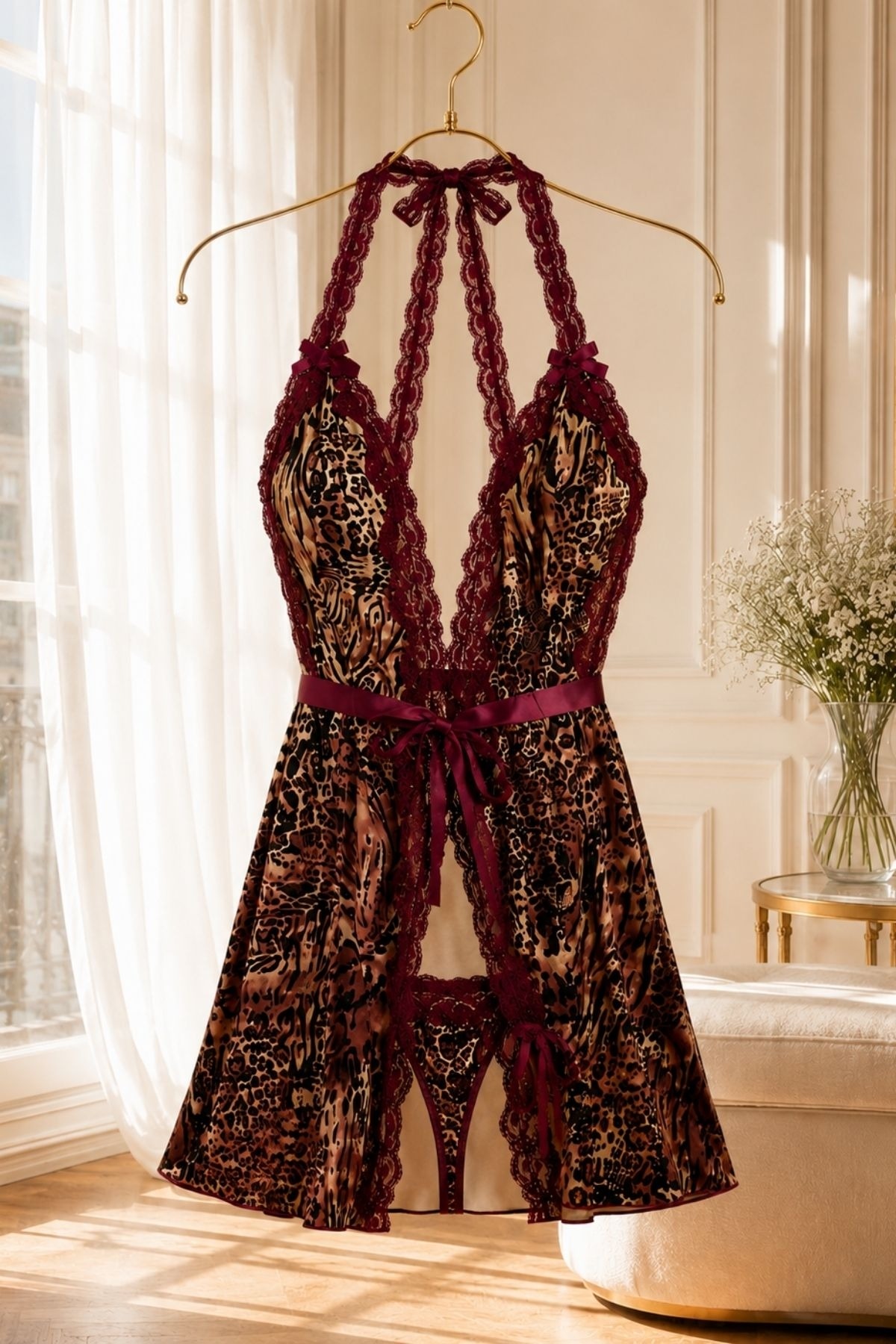 Leopar Desenli Bordo Dantel Detaylı Gecelik ve Külot Takımı Bella Notte 36173 - Leopar