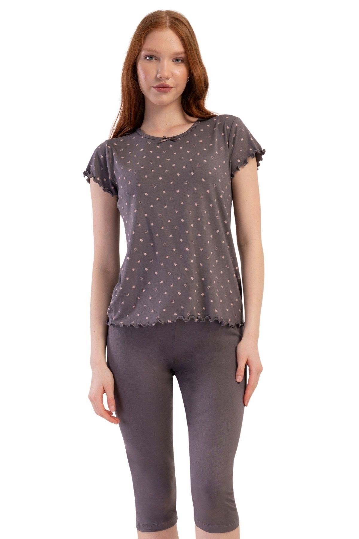 Likralı Viskon Kayık Yaka Kısa Kol Kapri Pijama Vienetta 409289 - Füme