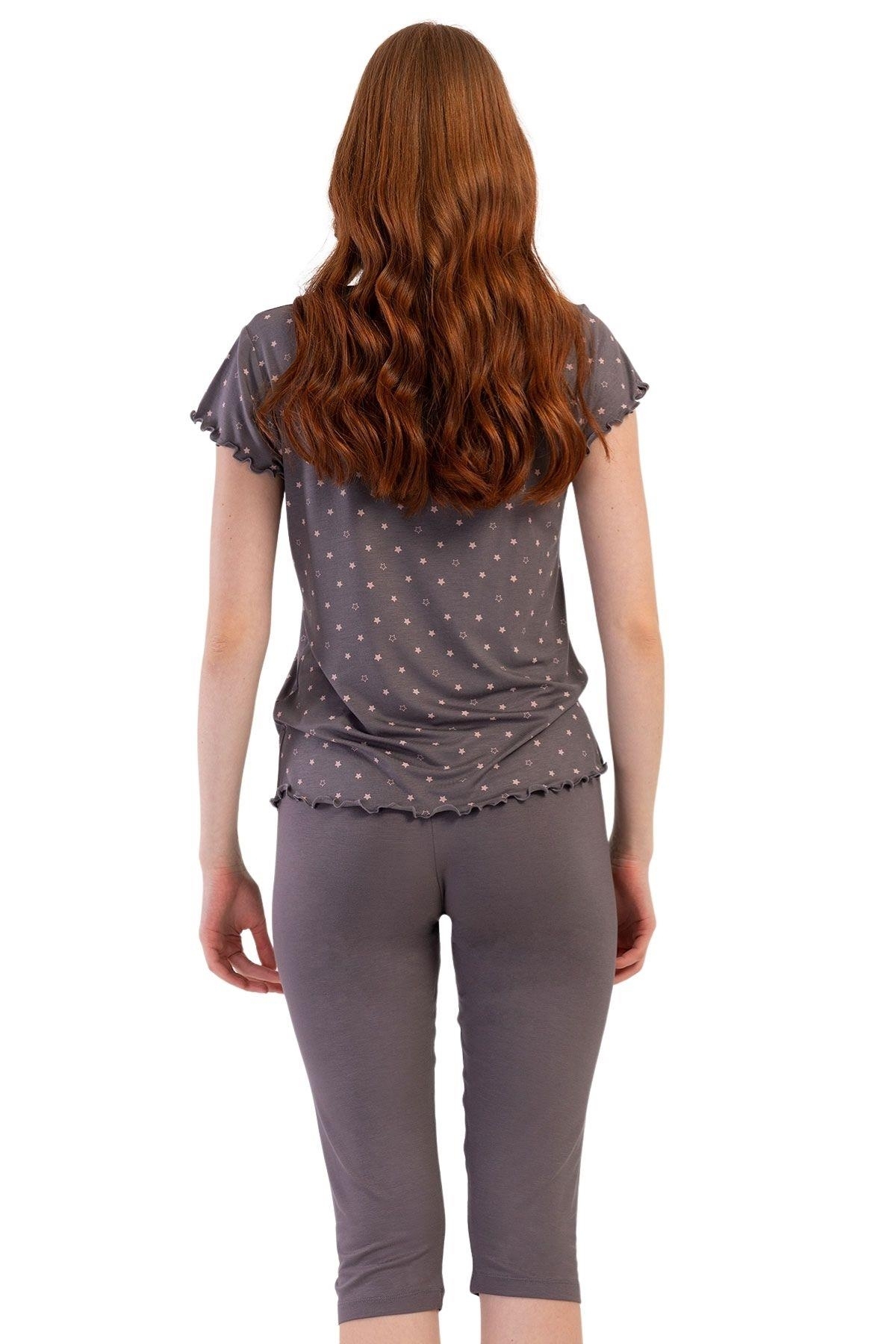 Likralı Viskon Kayık Yaka Kısa Kol Kapri Pijama Vienetta 409289 - Füme