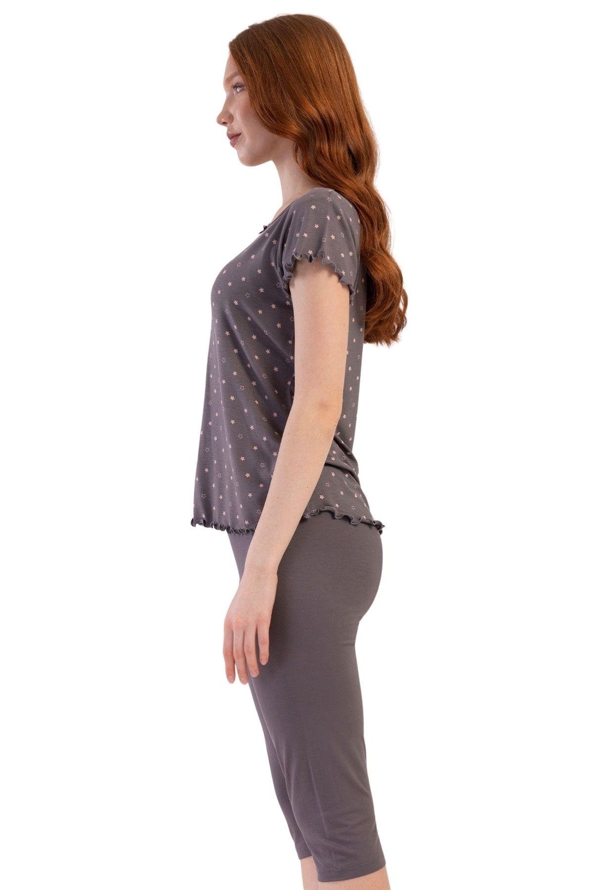 Likralı Viskon Kayık Yaka Kısa Kol Kapri Pijama Vienetta 409289 - Füme