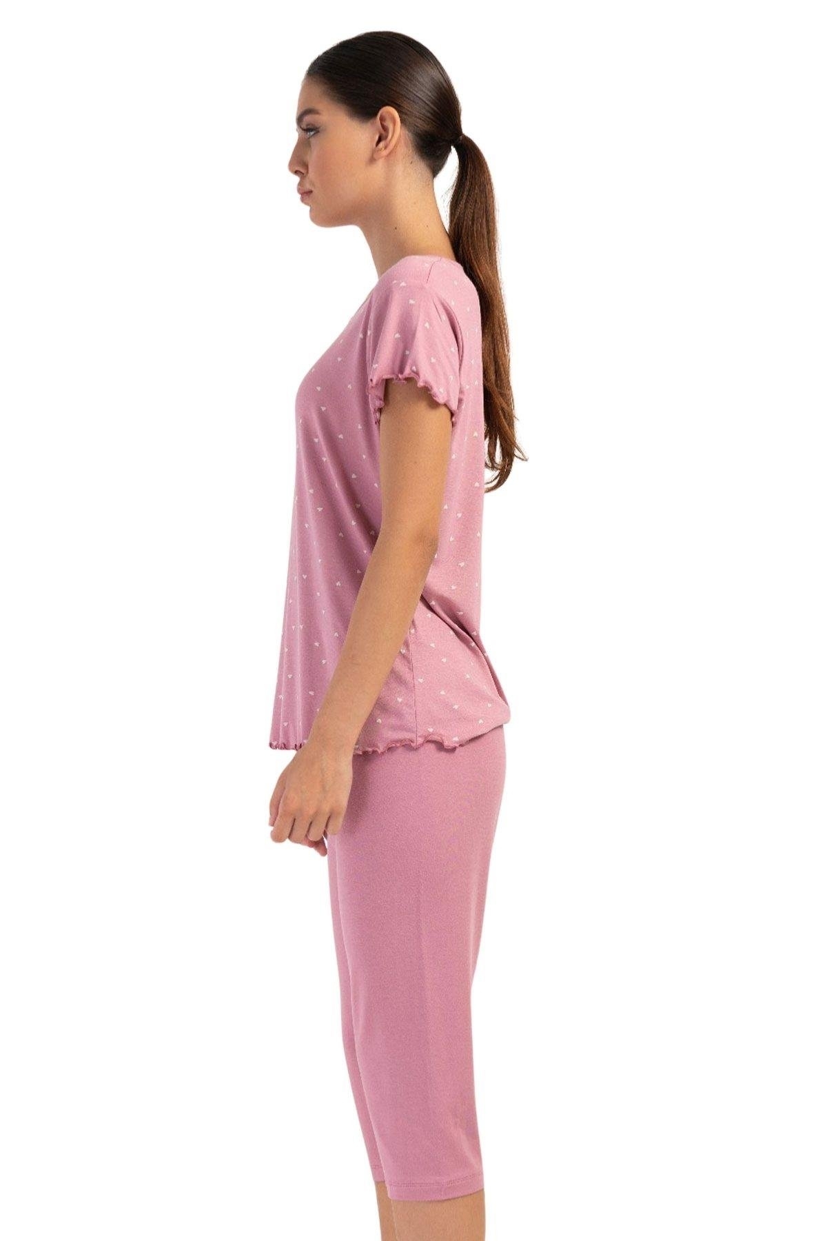 Likralı Viskon Leopar Desenli Kapri Pijama Takımı Vienetta 404006 - Gül Kurusu