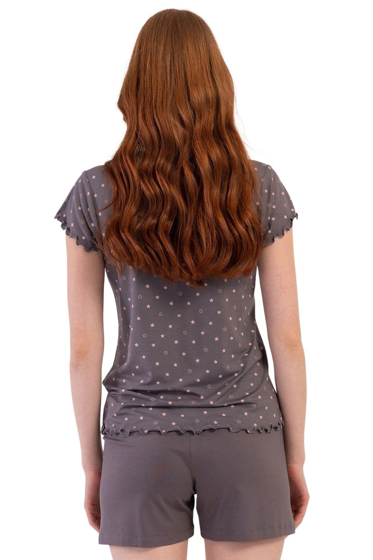 Büyük Beden Likralı Viskon V Yaka Kısa Kol Şort Pijama Vienetta 409291 - Füme