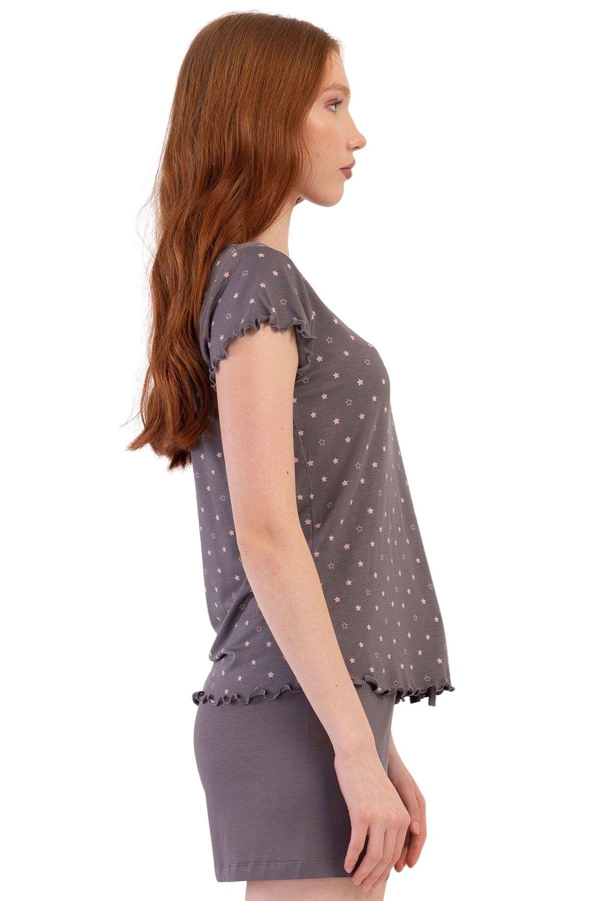 Büyük Beden Likralı Viskon V Yaka Kısa Kol Şort Pijama Vienetta 409291 - Füme